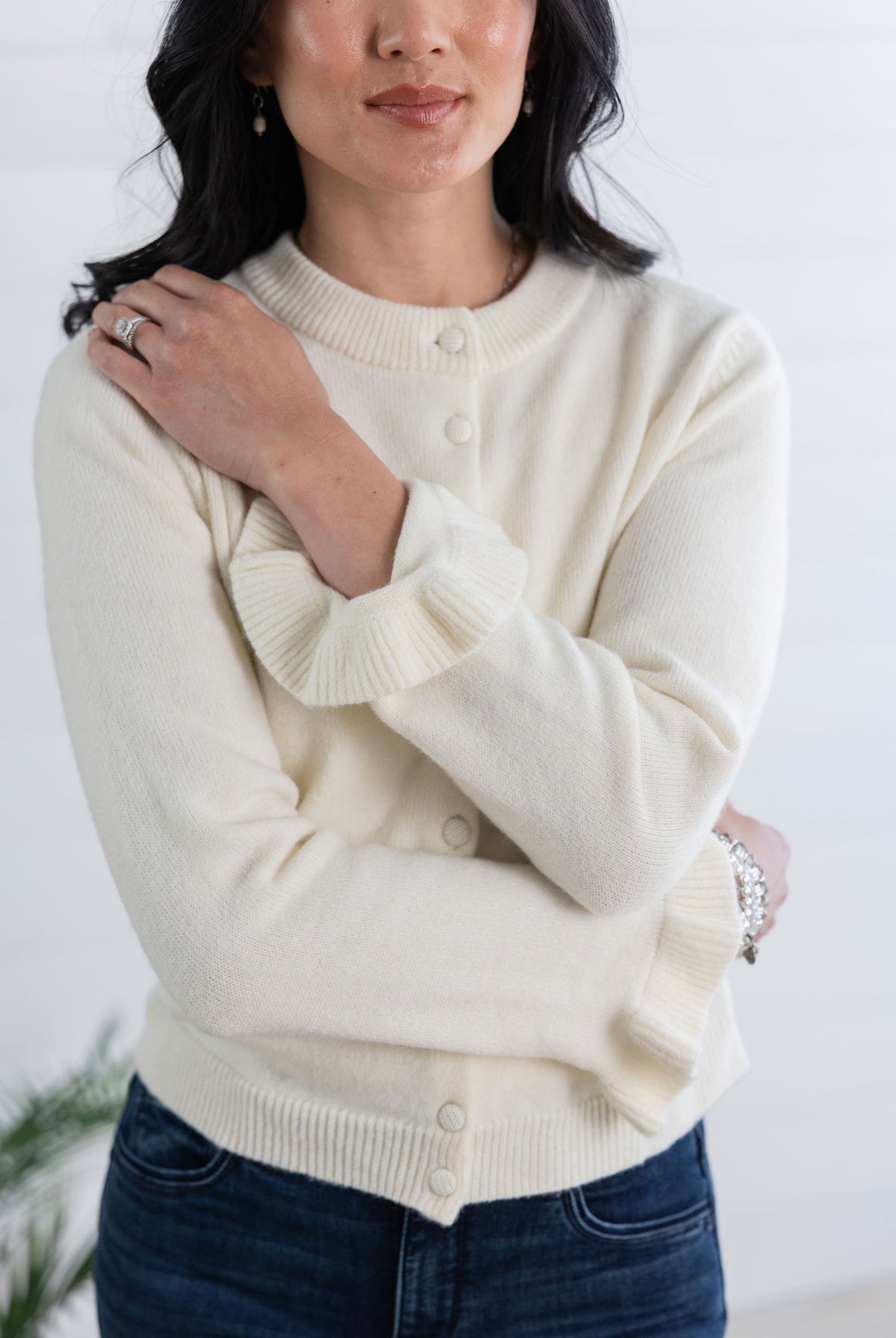 Mac and Me Button Front Knit Cardigan with Ruffle Cuff