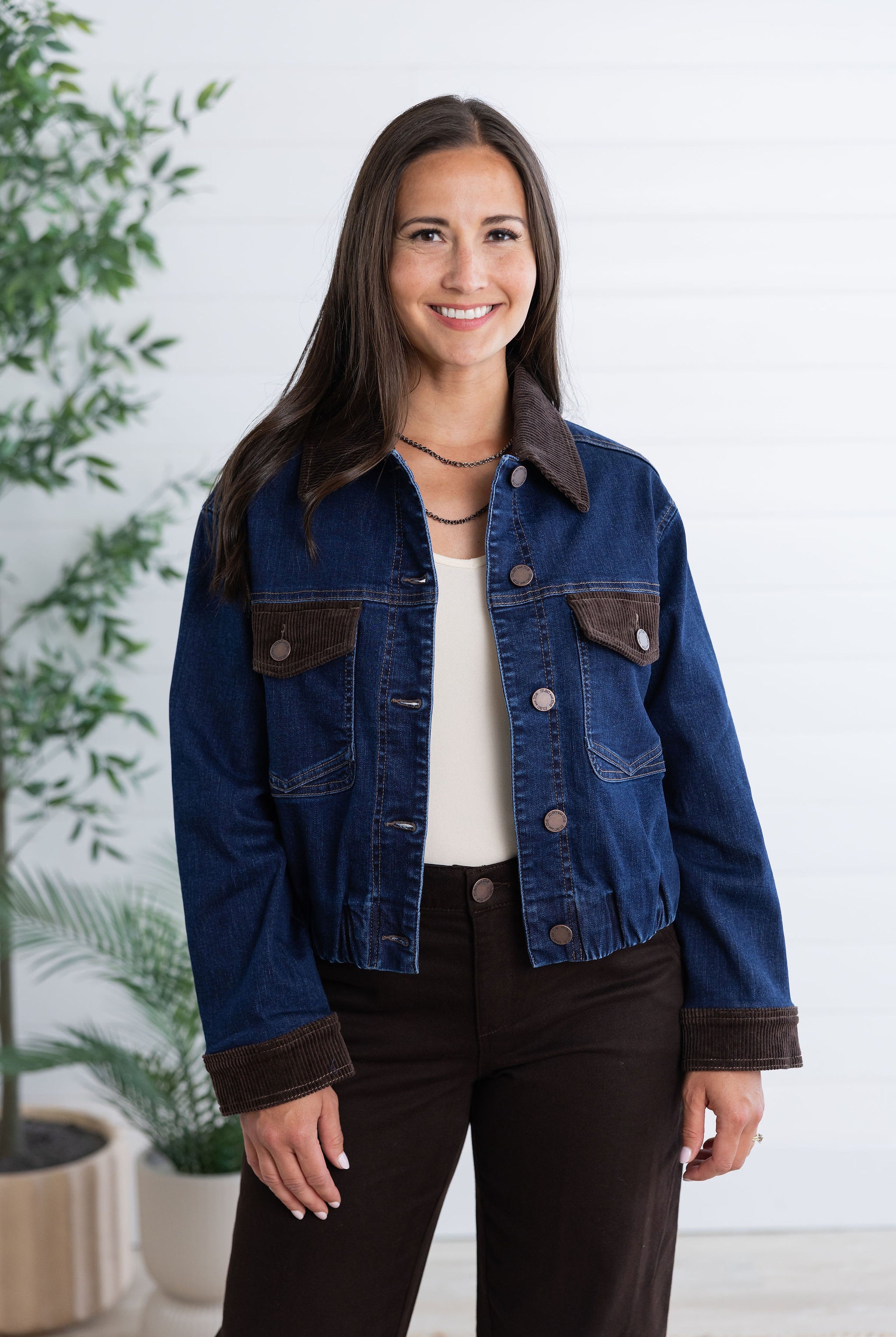 Mac and Me Bubble Hem Denim Jacket with Flap Pockets and Corduroy Contrast
