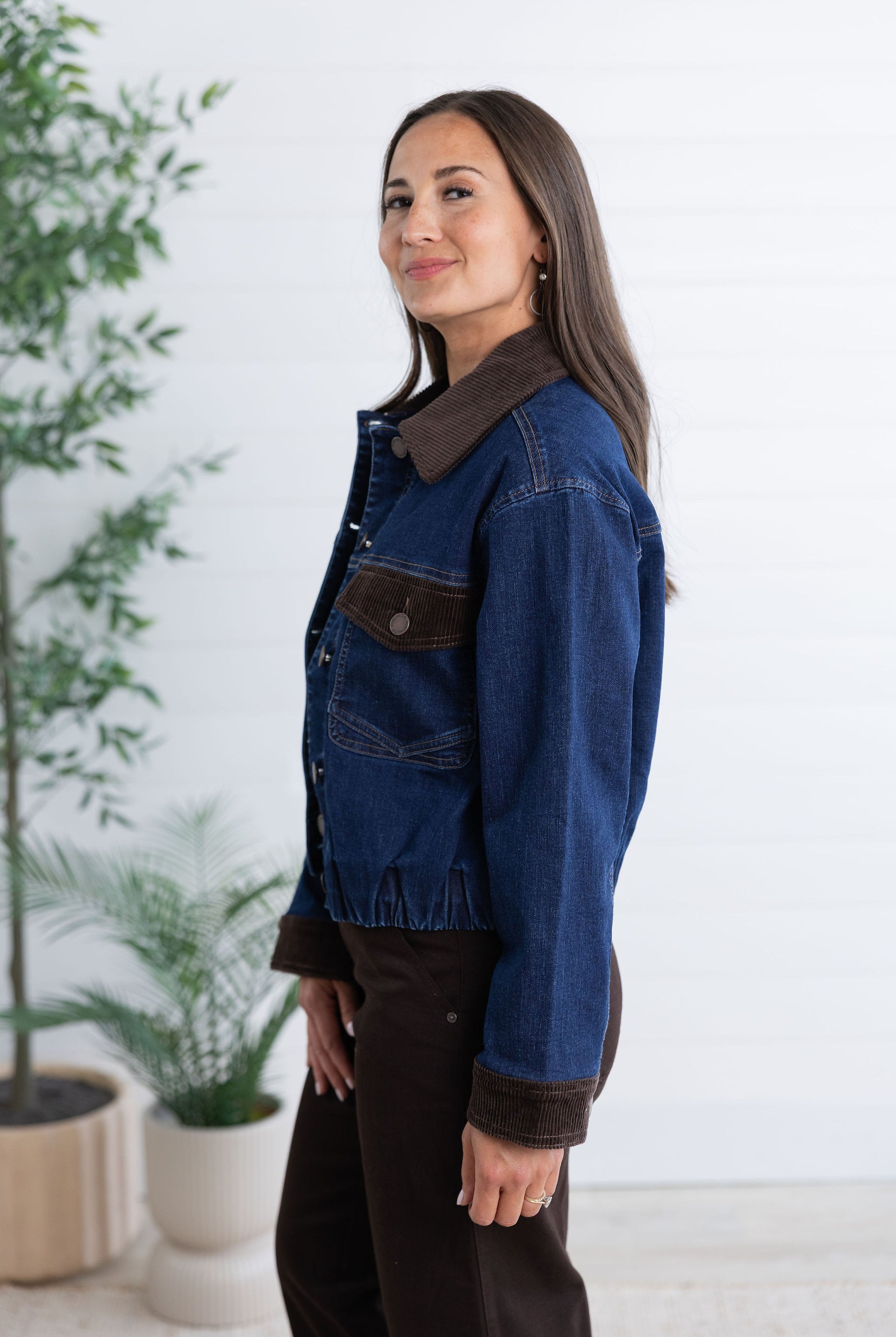 Mac and Me Bubble Hem Denim Jacket with Flap Pockets and Corduroy Contrast