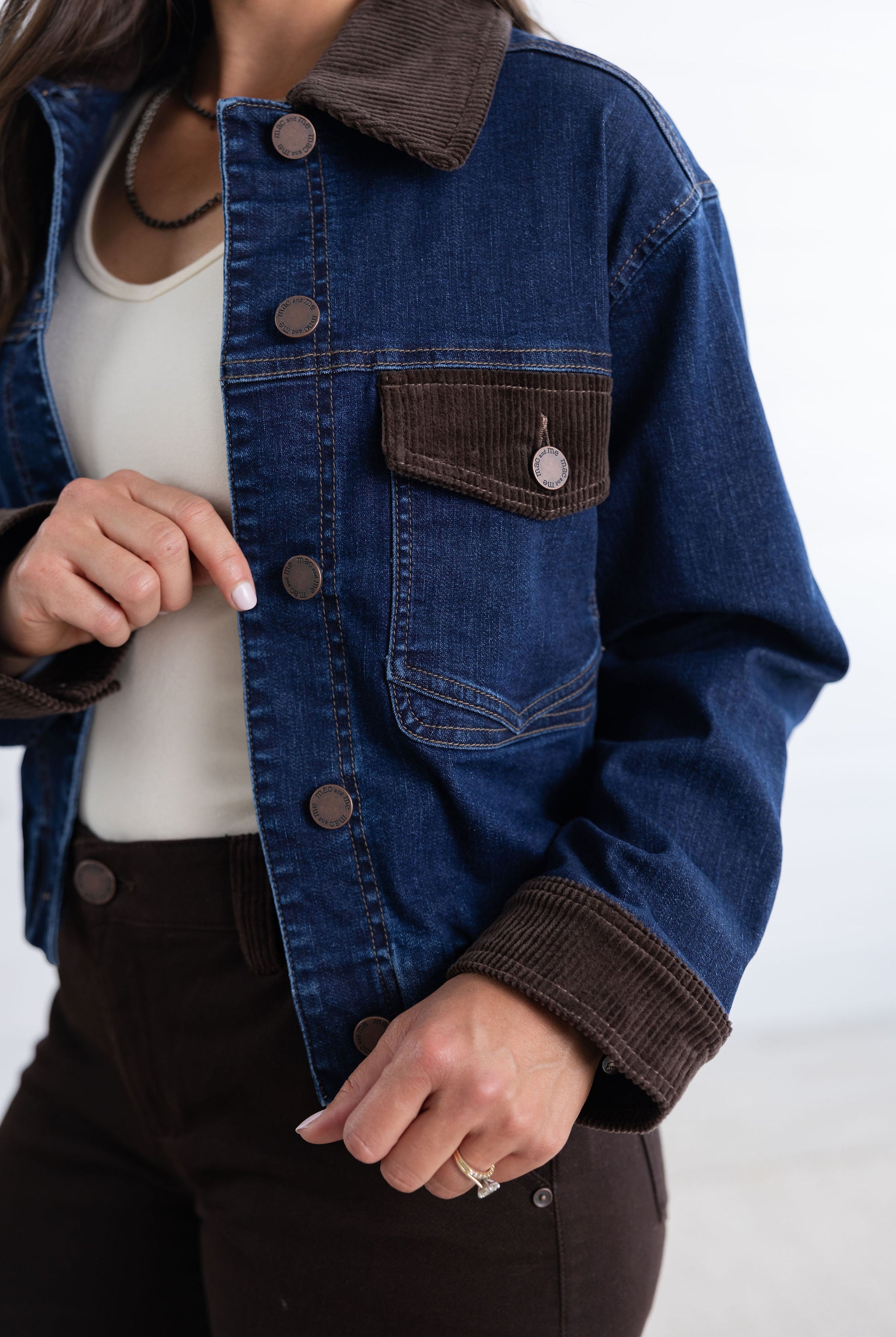 Mac and Me Bubble Hem Denim Jacket with Flap Pockets and Corduroy Contrast
