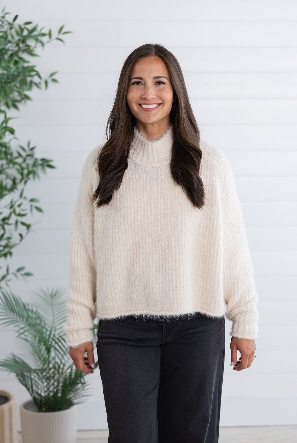 Mac and Me Boxy Fuzzy Knit Mock Neck Sweater