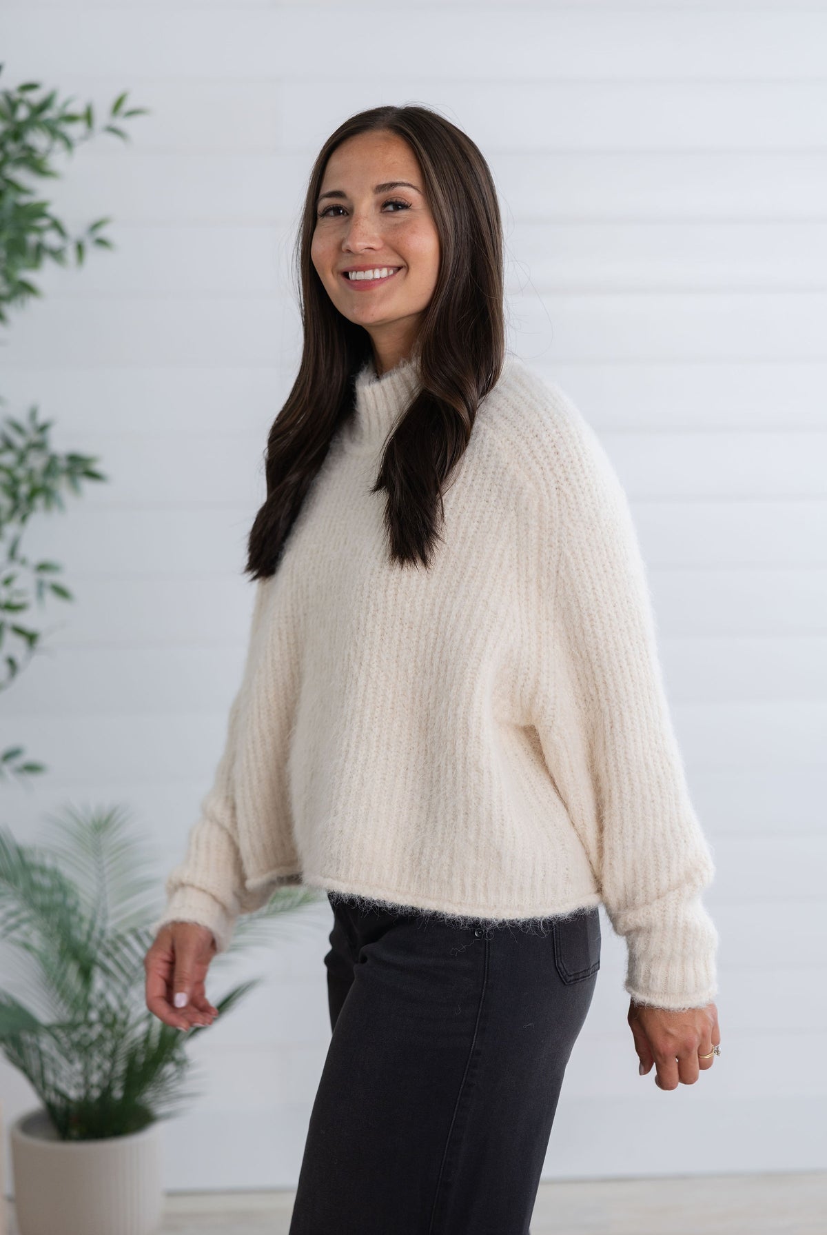Mac and Me Boxy Fuzzy Knit Mock Neck Sweater