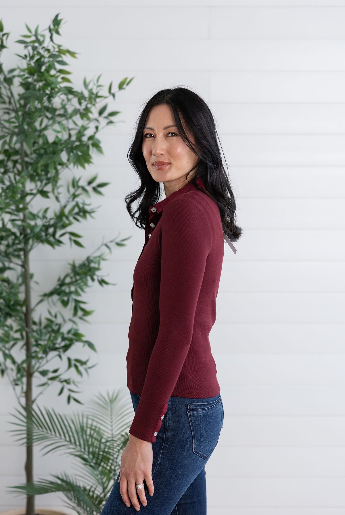 Mac and Me Single Rib Henley Top with Collar