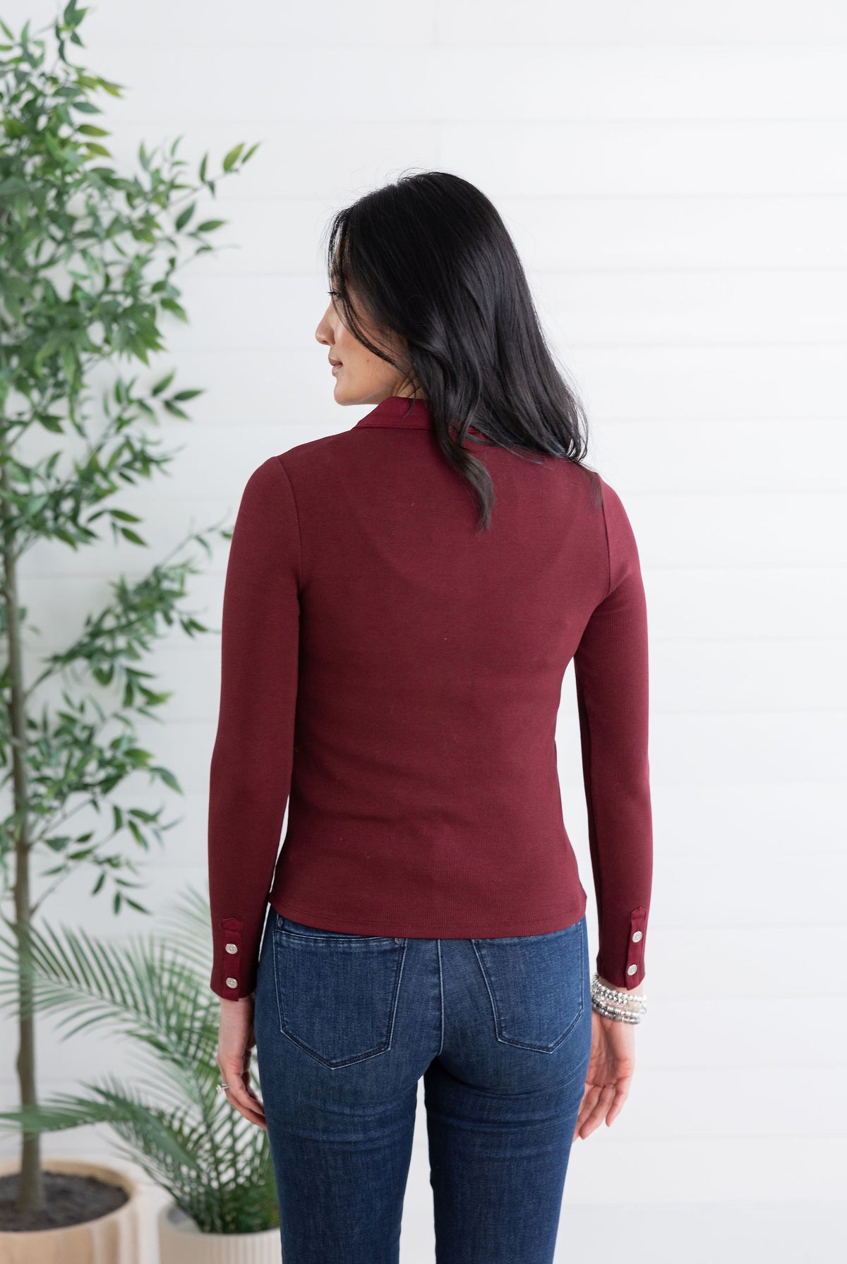 Mac and Me Single Rib Henley Top with Collar
