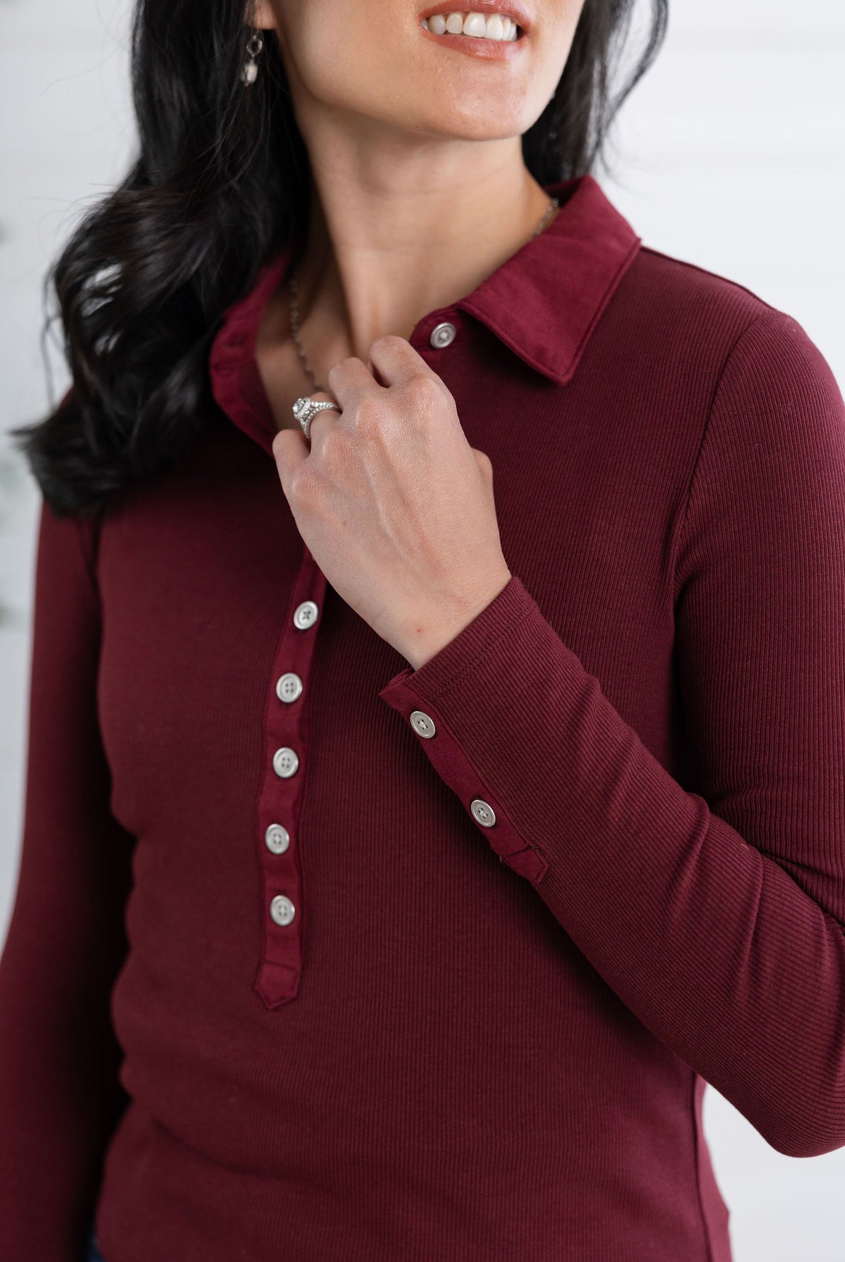 Mac and Me Single Rib Henley Top with Collar