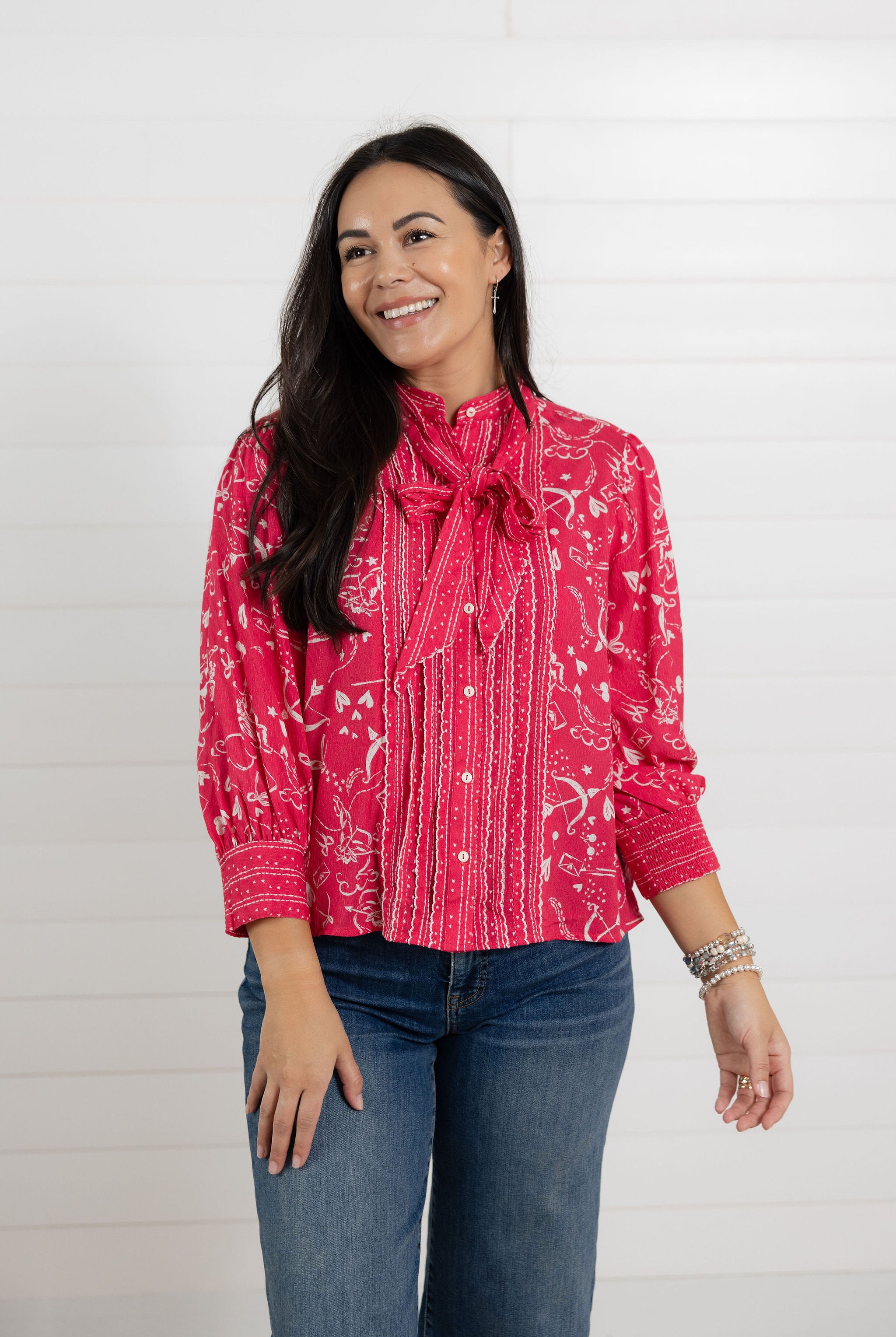 *FINAL SALE* 3/4 Sleeve Patterned Button Down Blouse with Neck Tie