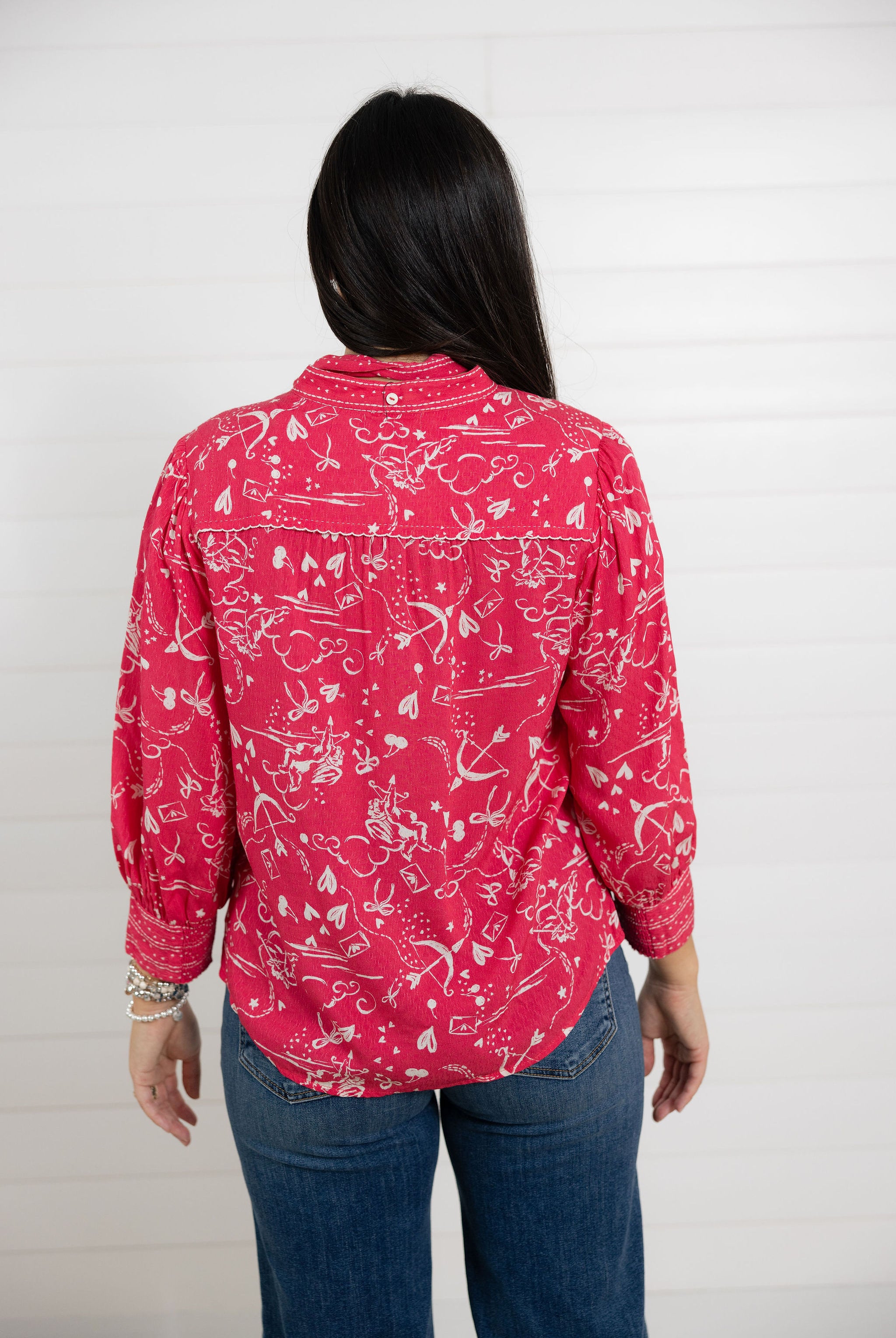 *FINAL SALE* 3/4 Sleeve Patterned Button Down Blouse with Neck Tie