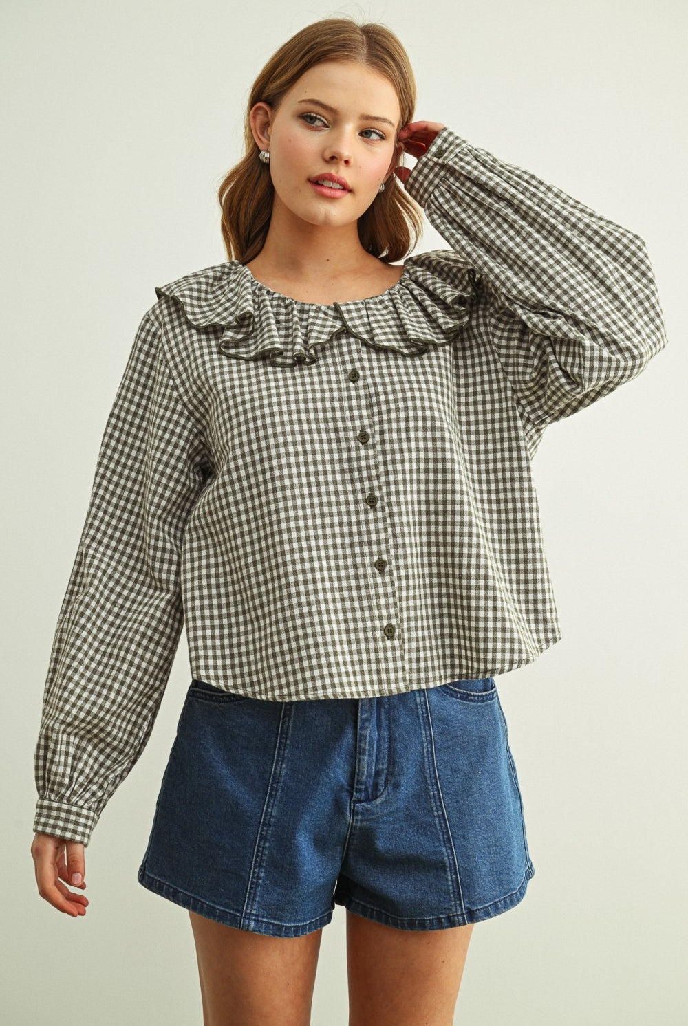 Cotton Gingham Button Front Blouse with Ruffled Collar