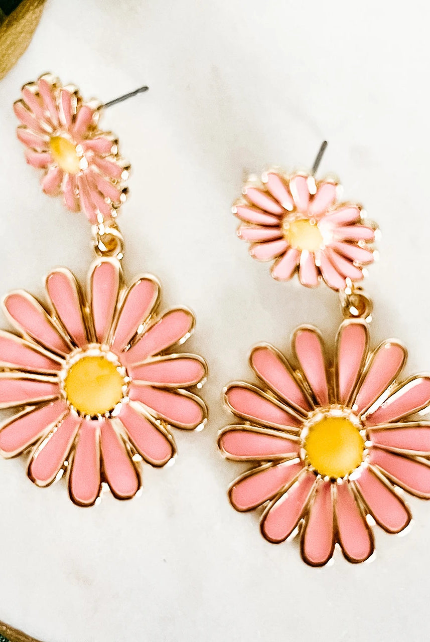 Enamel Double Flower Drop Earrings