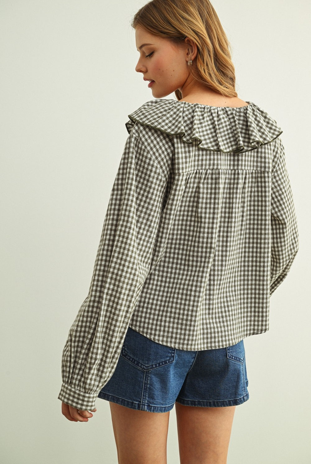 Cotton Gingham Button Front Blouse with Ruffled Collar