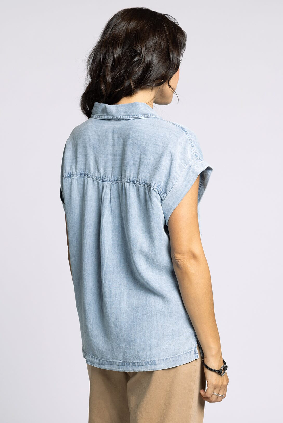 Short Sleeve Tencel Half Button Down Top