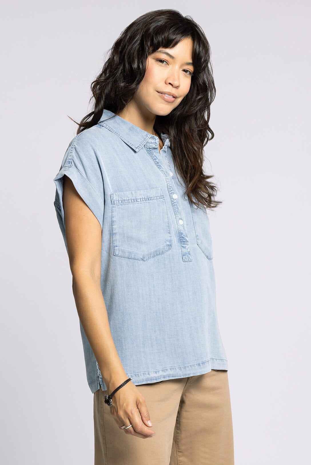 Short Sleeve Tencel Half Button Down Top