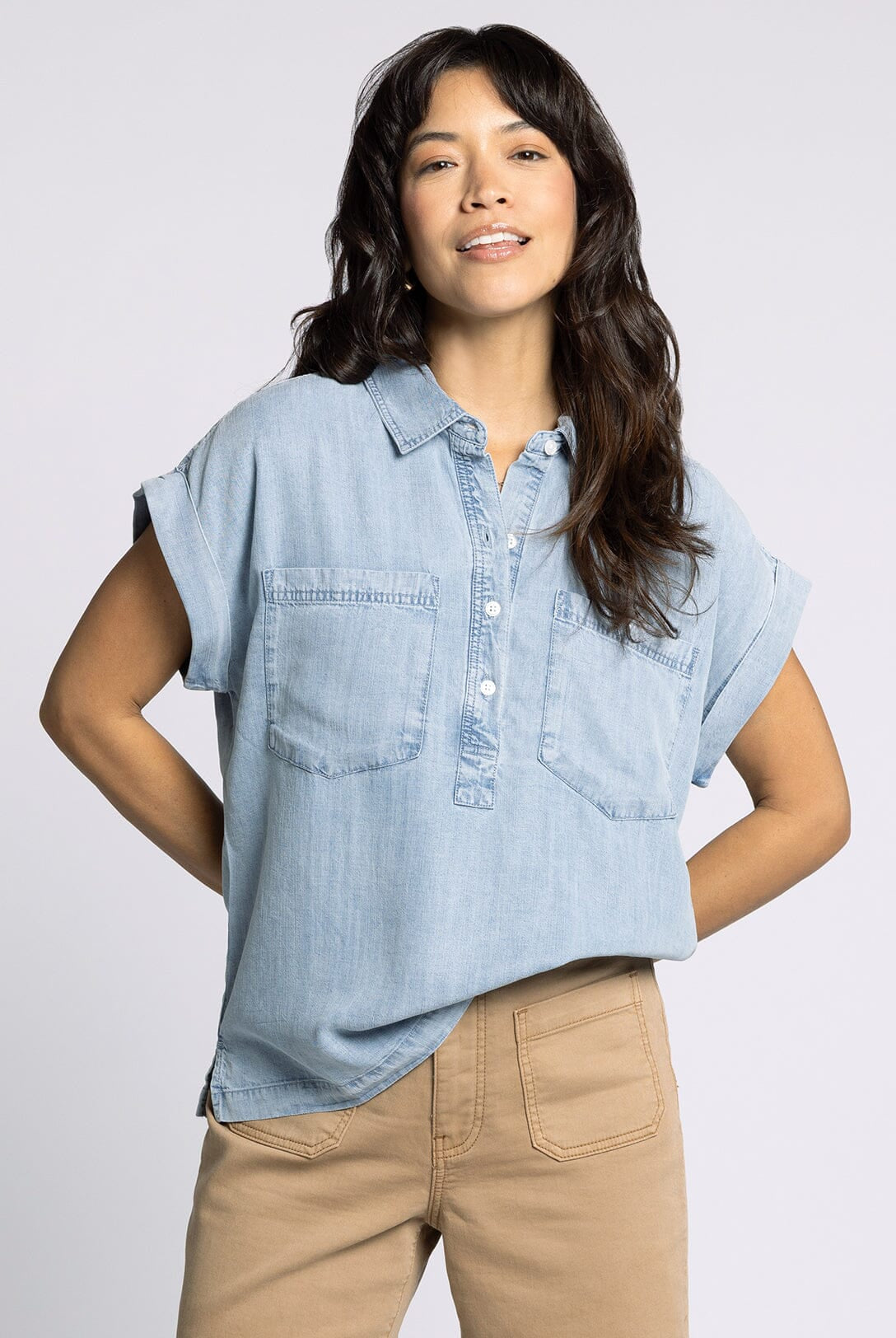 Short Sleeve Tencel Half Button Down Top