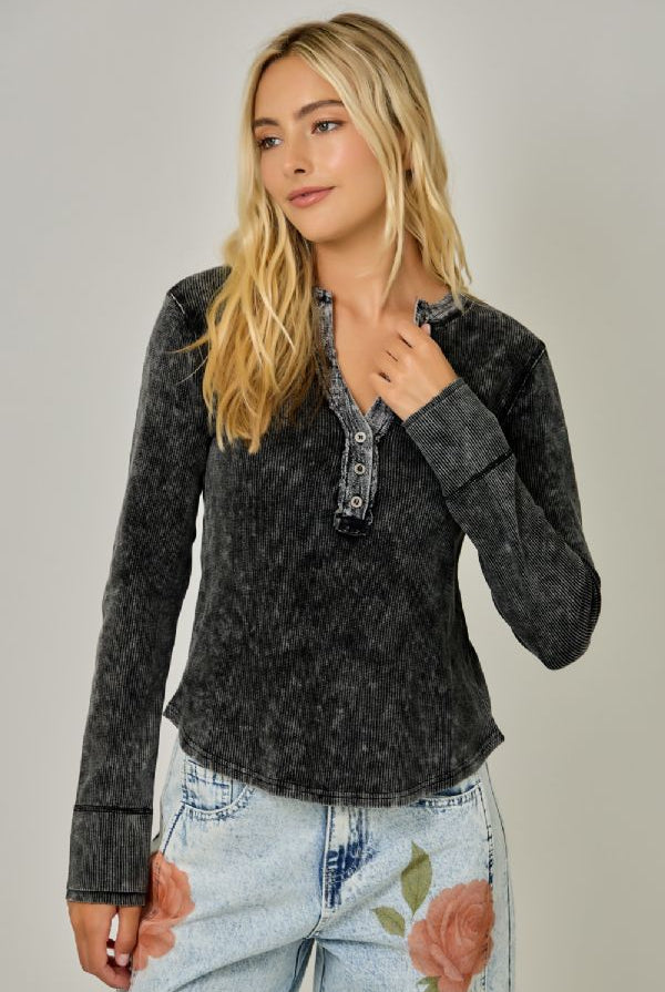 Washed Thermal Long Sleeve Henley Top