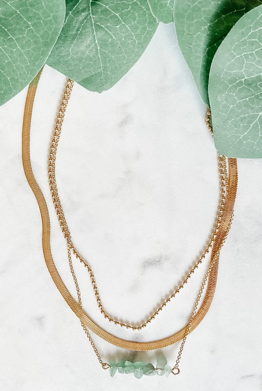 Three Layer Necklace with Green Stones