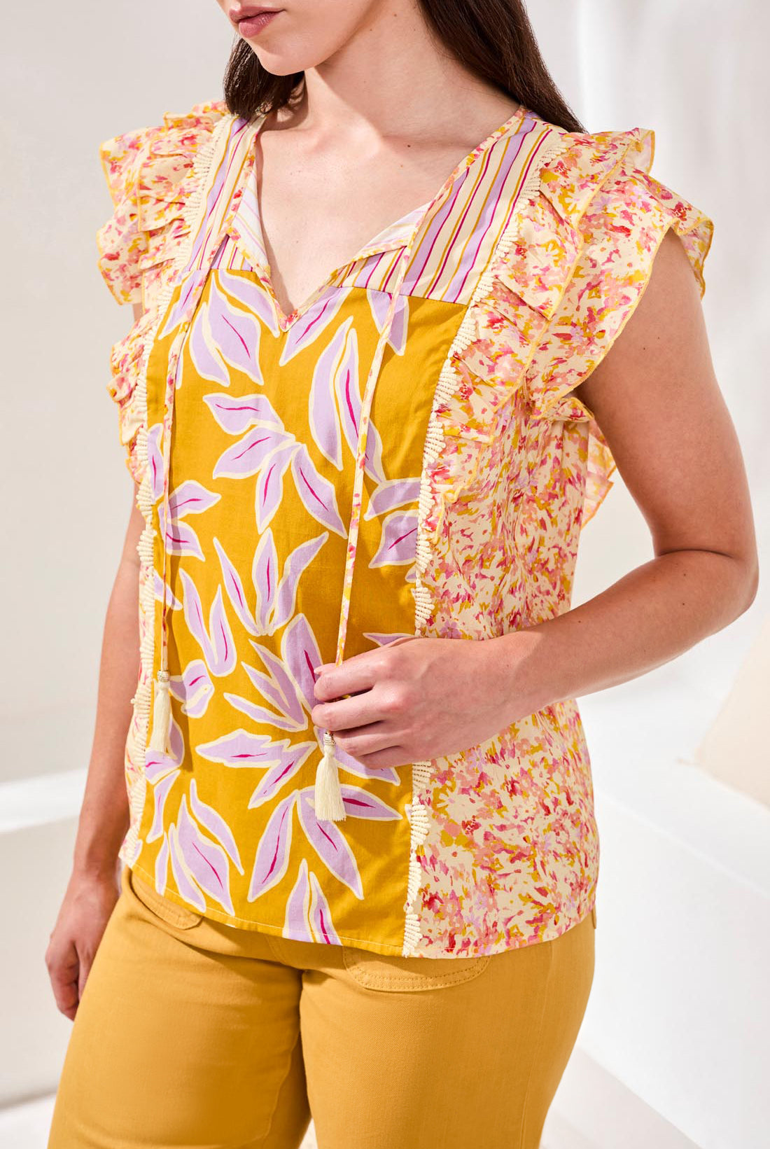 *FINAL SALE* MB Mixed Print Blouse with Front Ties