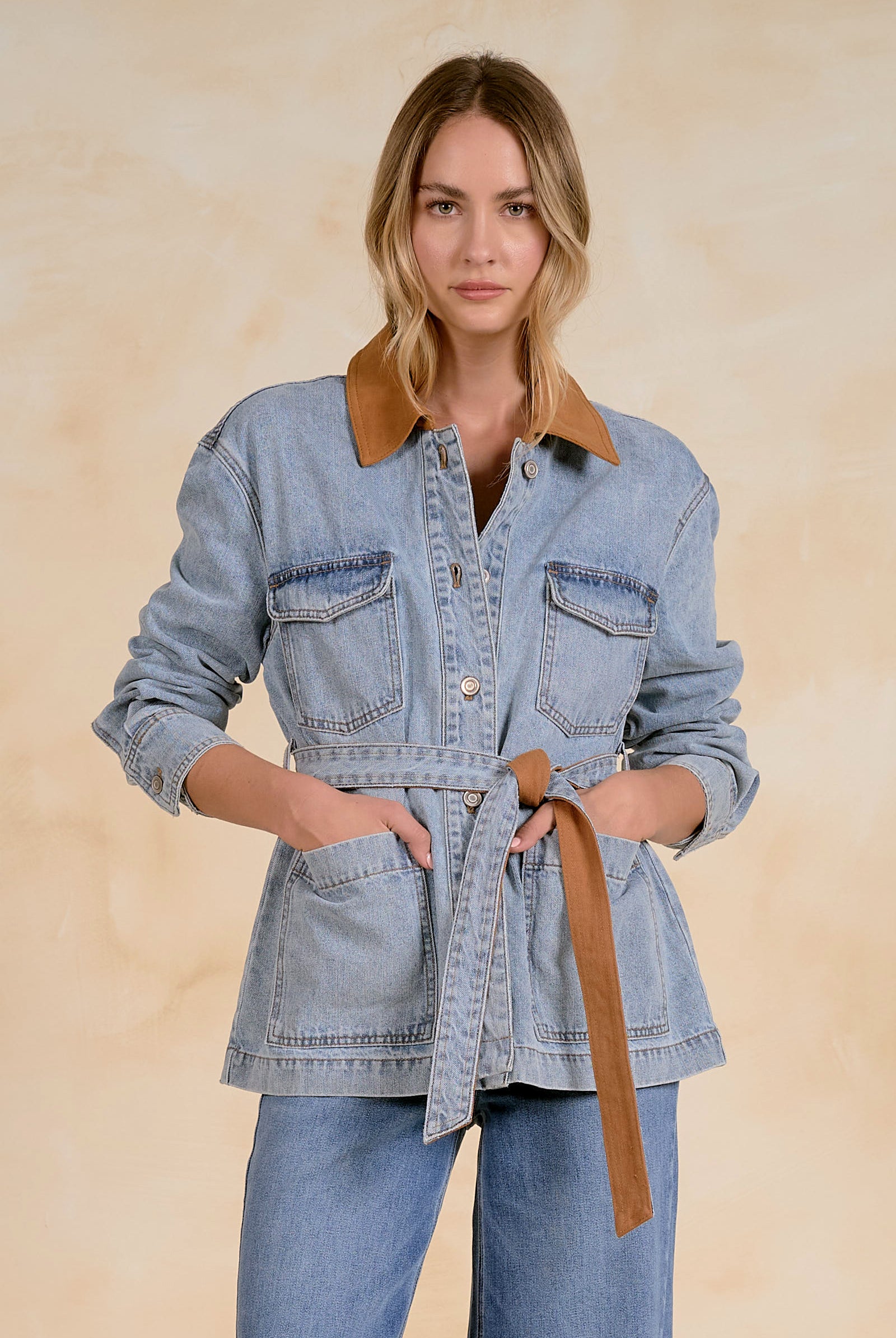 Relaxed Denim Jacket with Suede Belt and Collar