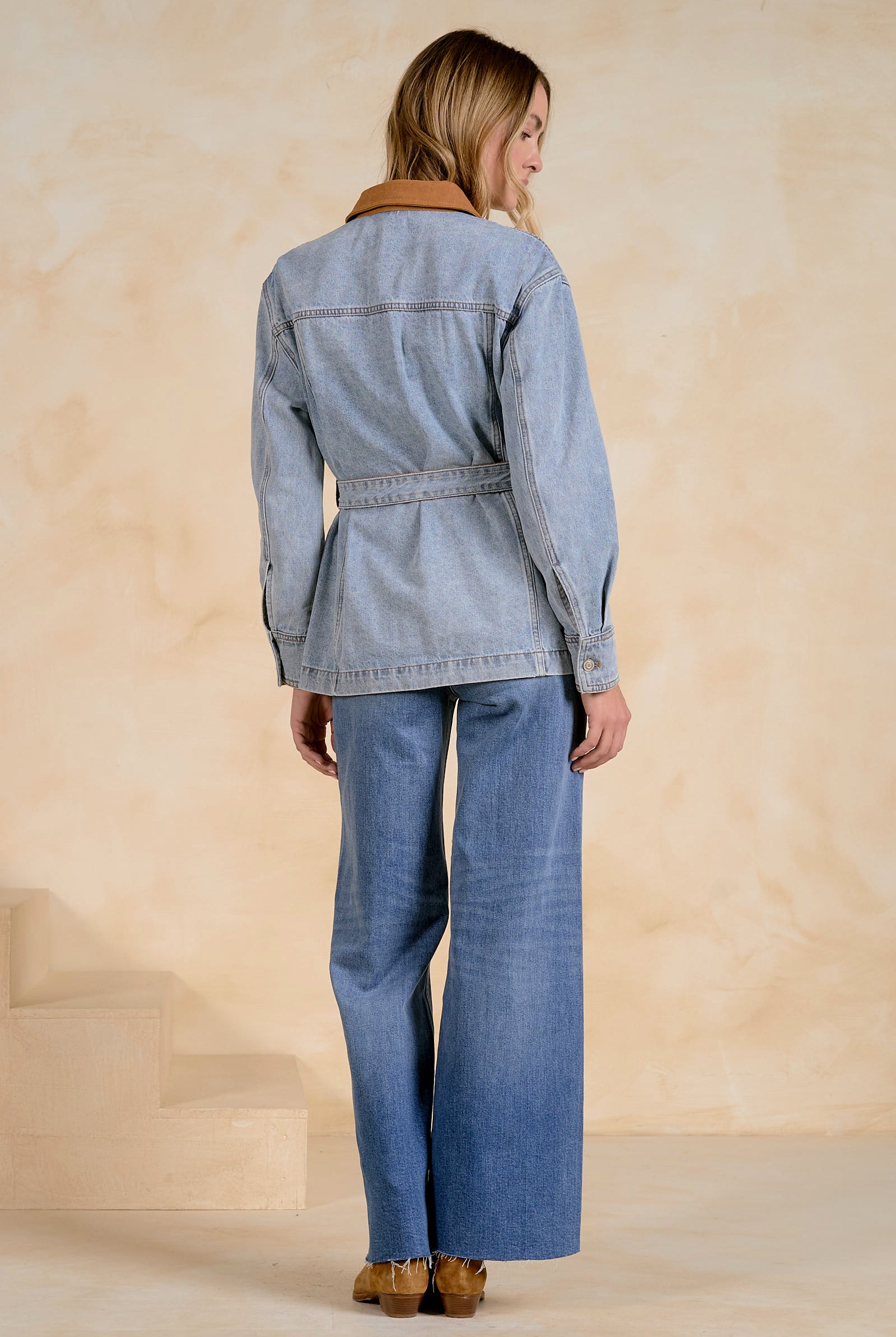 Relaxed Denim Jacket with Suede Belt and Collar