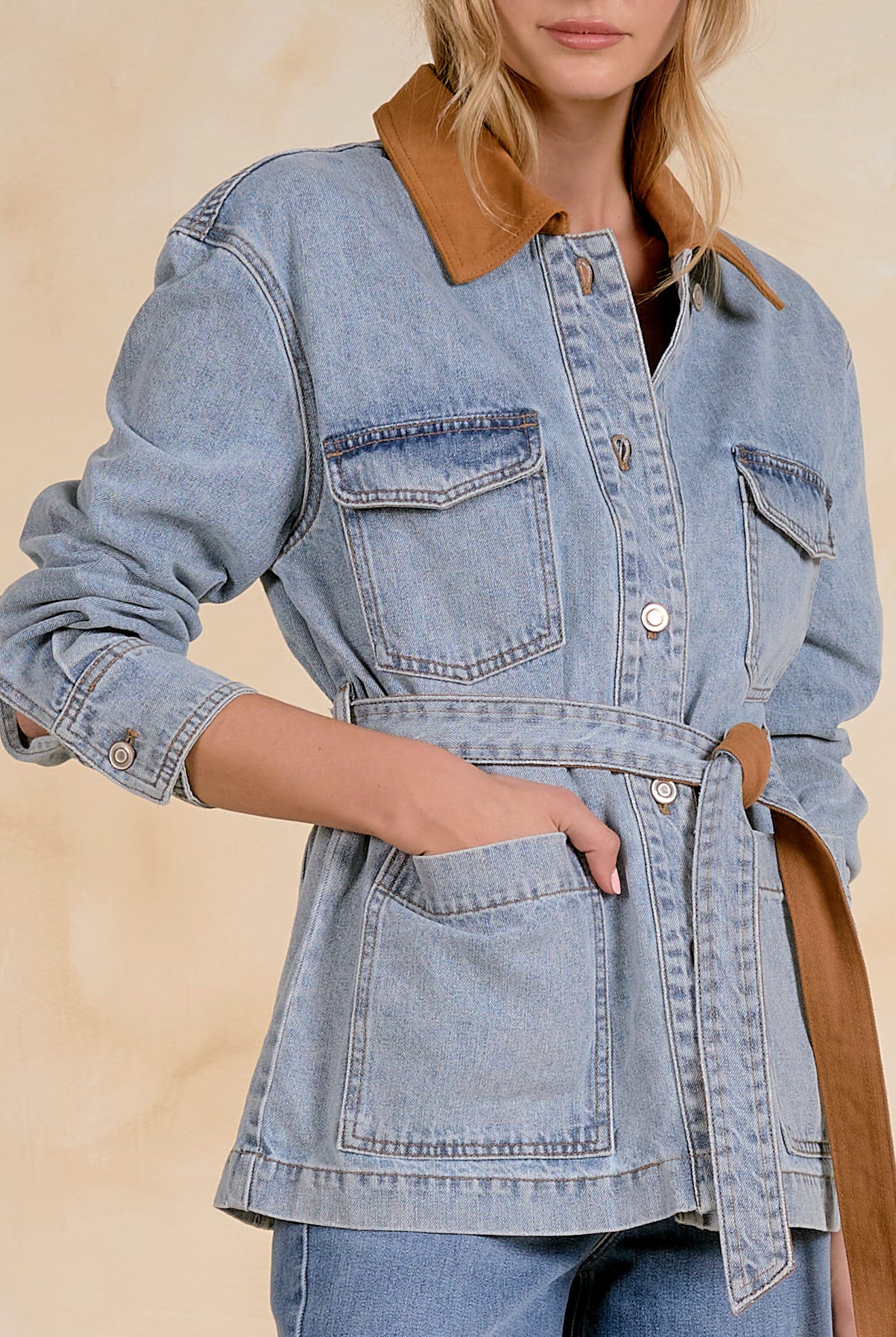 Relaxed Denim Jacket with Suede Belt and Collar