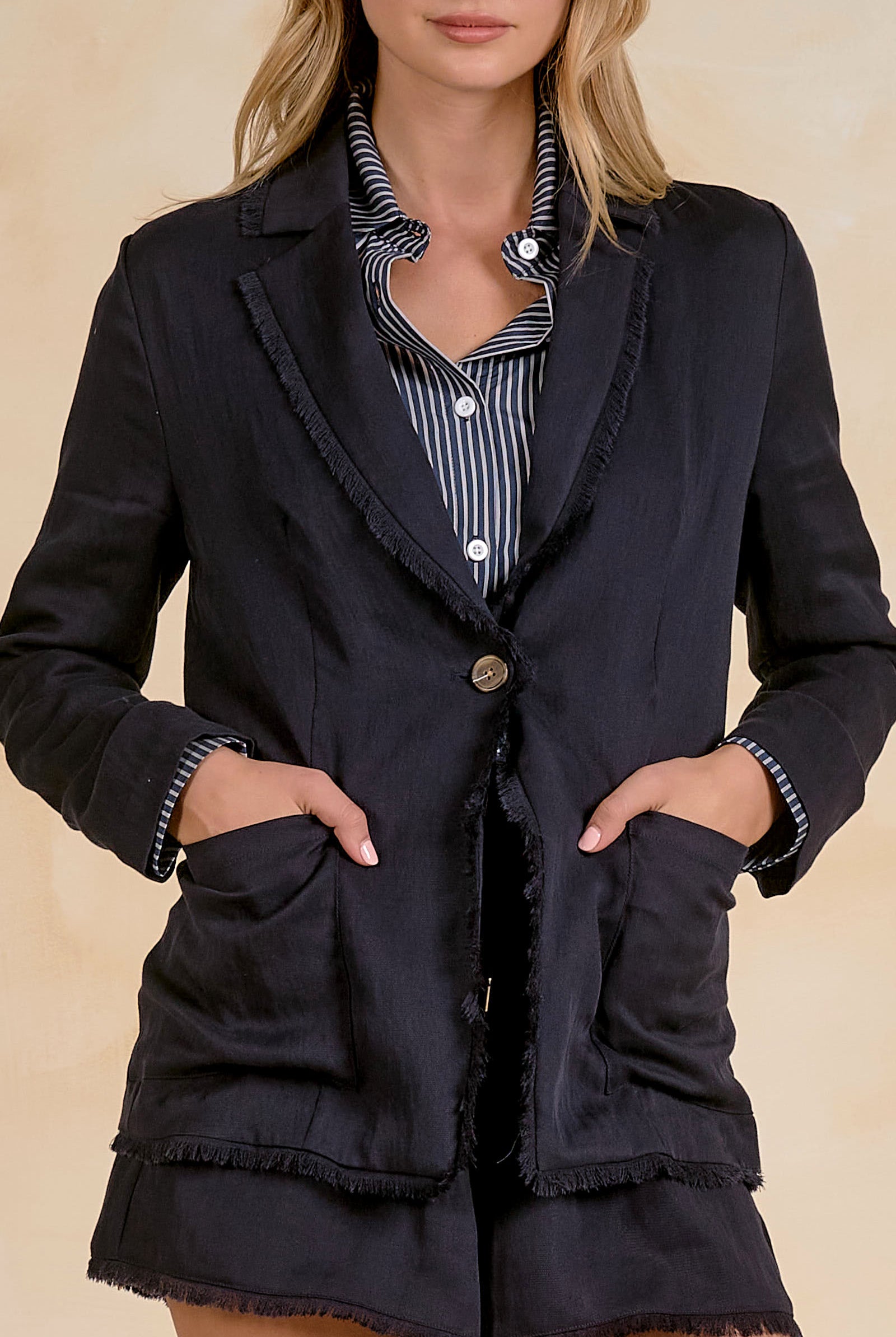 Frayed Edge Button Front Blazer