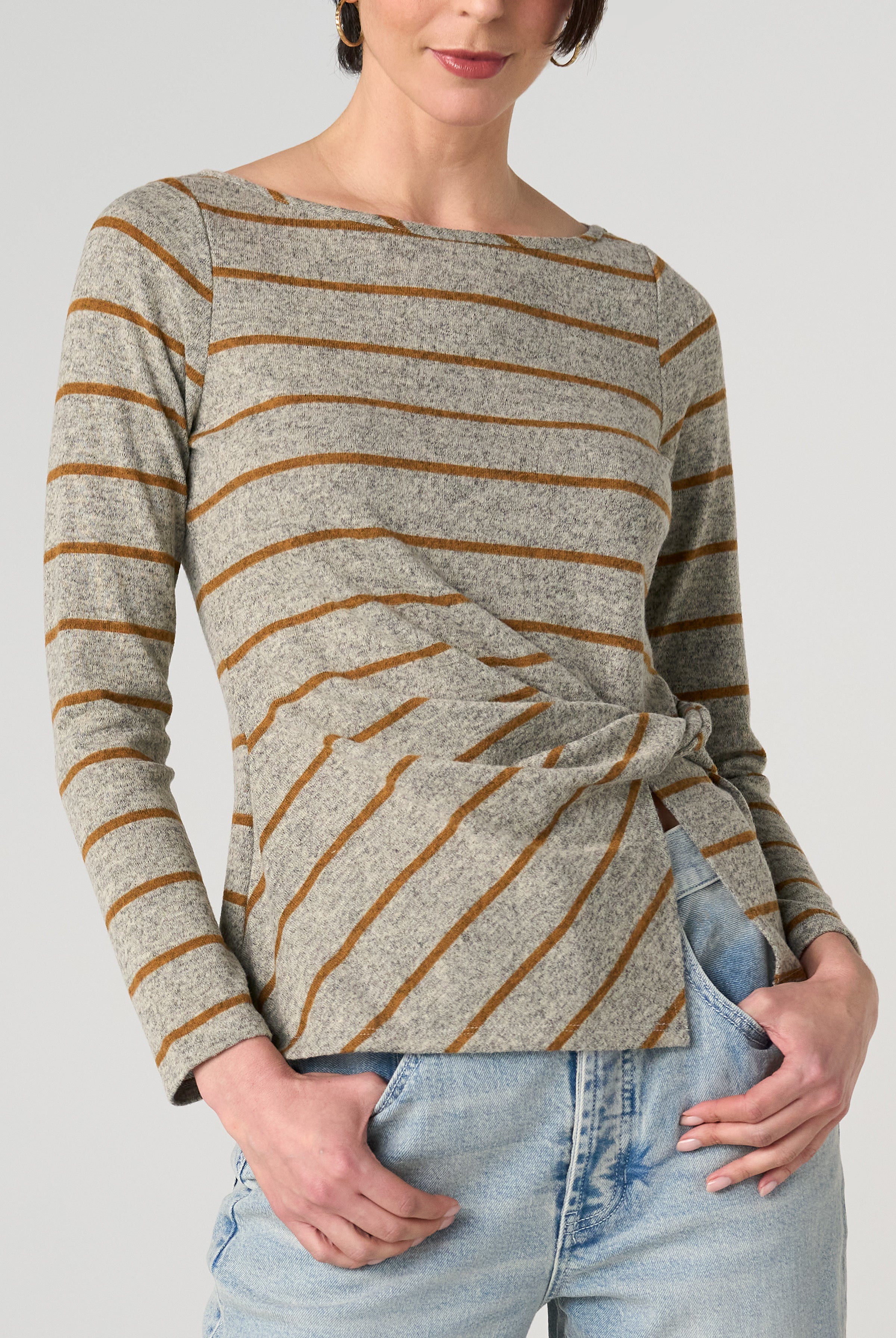Liverpool Boat Neck Brushed Knit Long Sleeve with Side Twist Detail