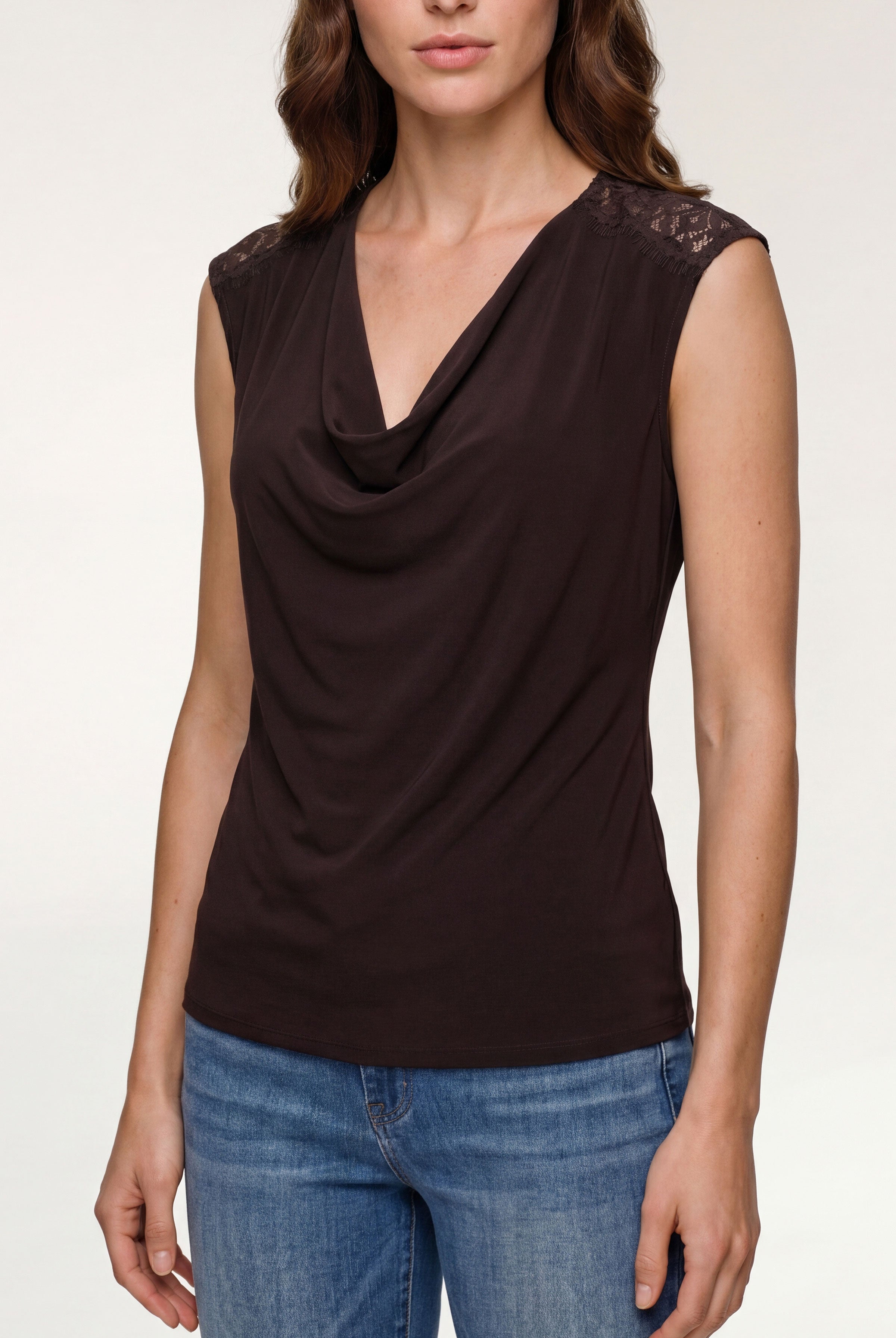 Liverpool Draped Neck Top with Lace Accents