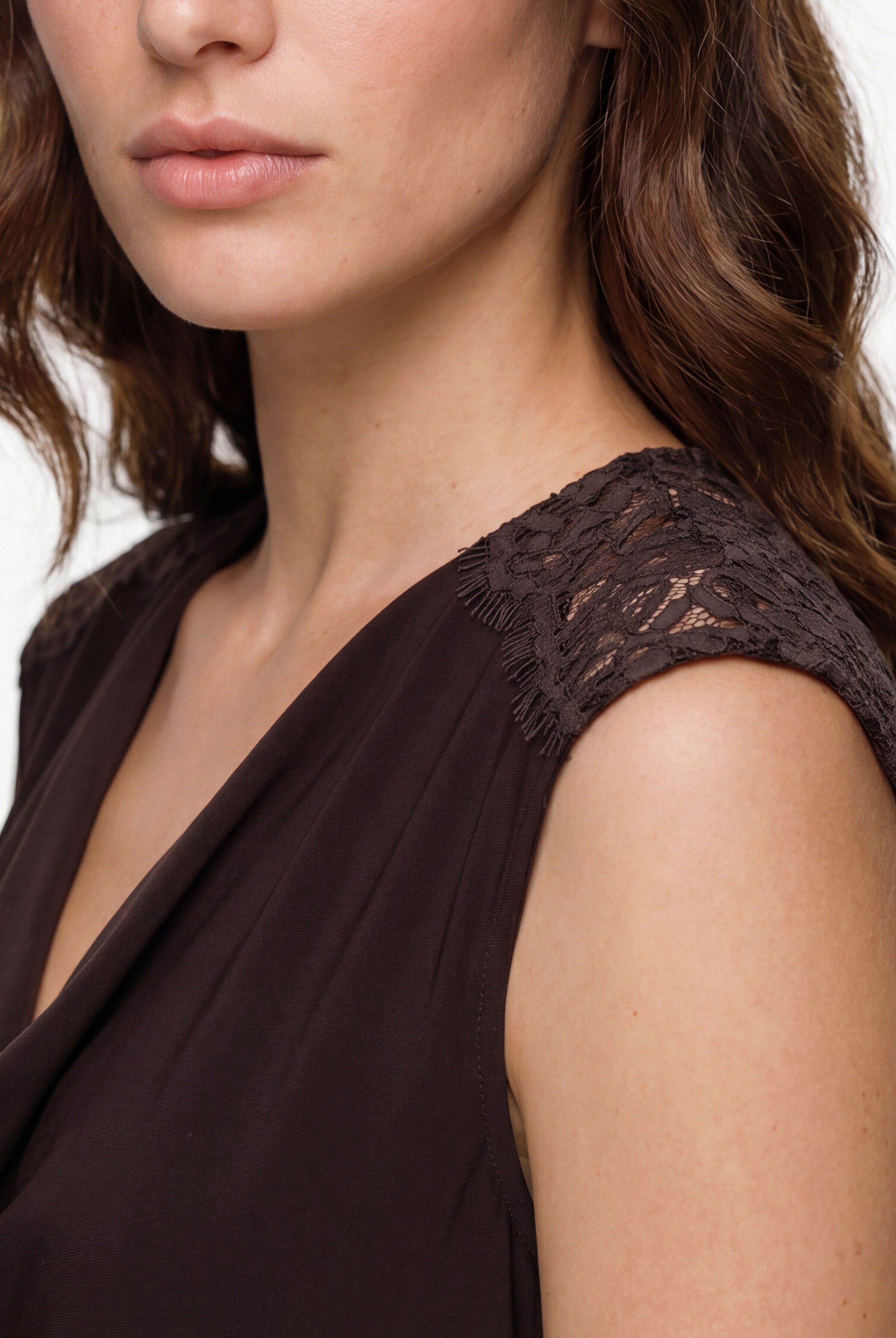 Liverpool Draped Neck Top with Lace Accents
