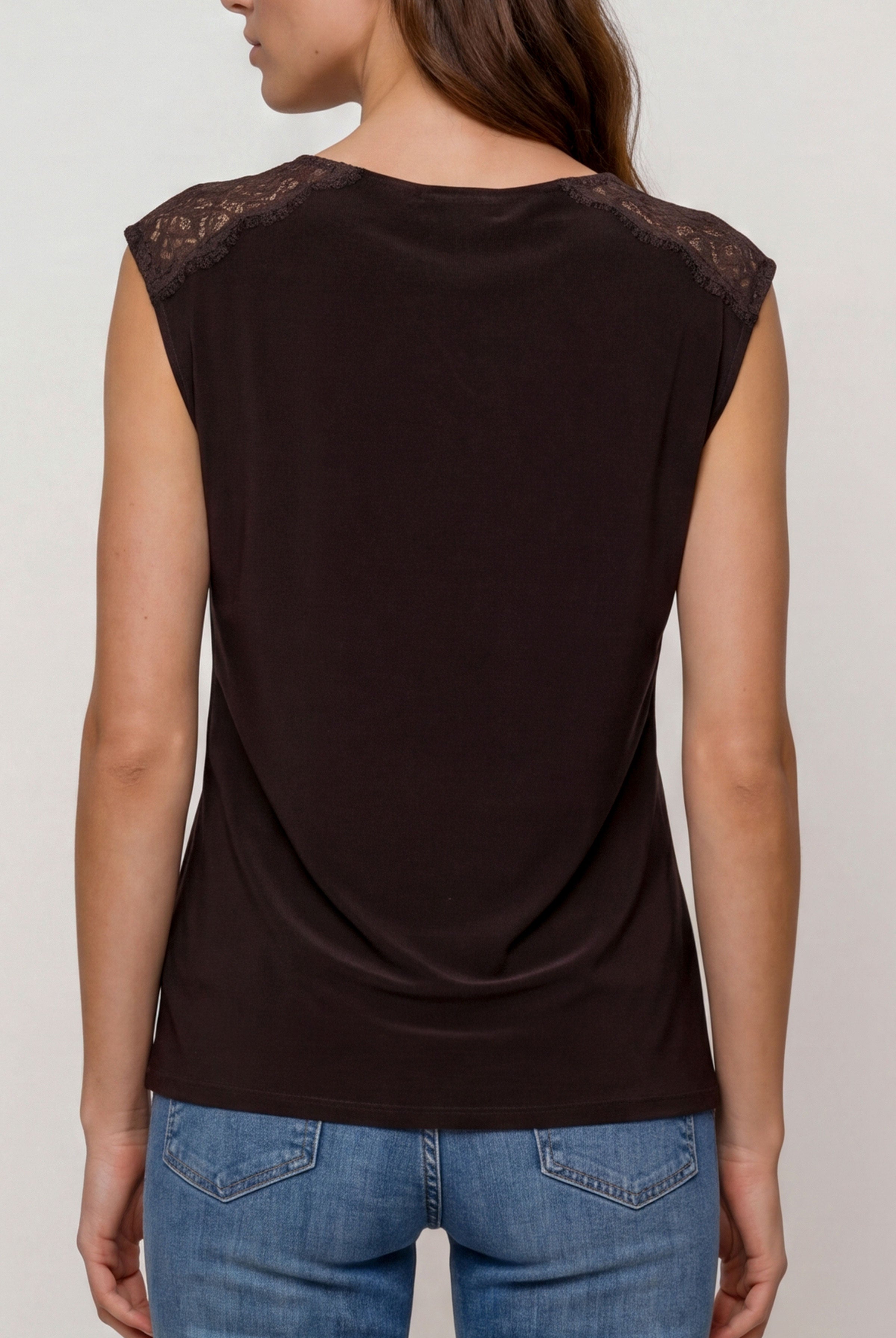 Liverpool Draped Neck Top with Lace Accents
