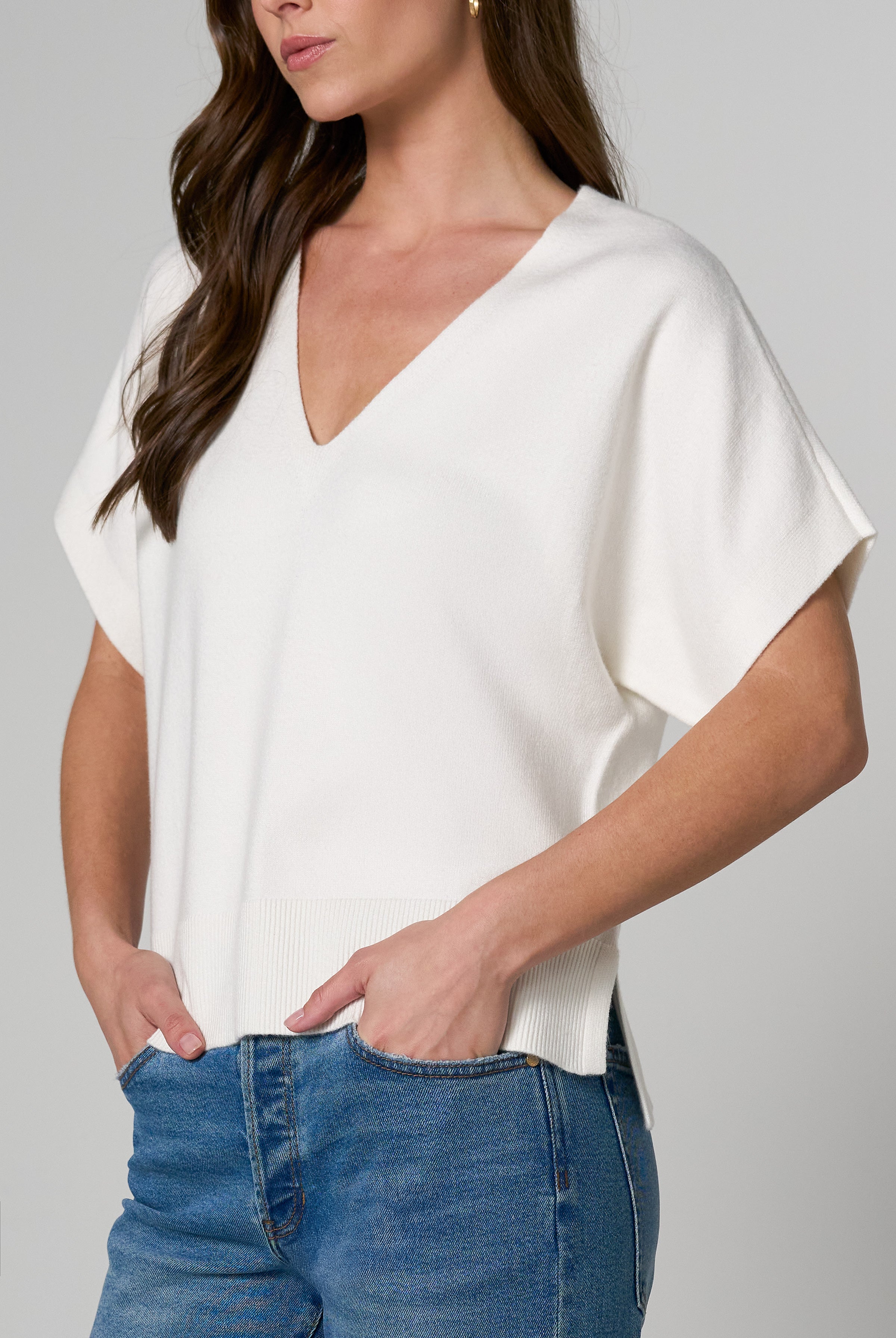 Liverpool Dolman Short Sleeve Sweater with Step Hem