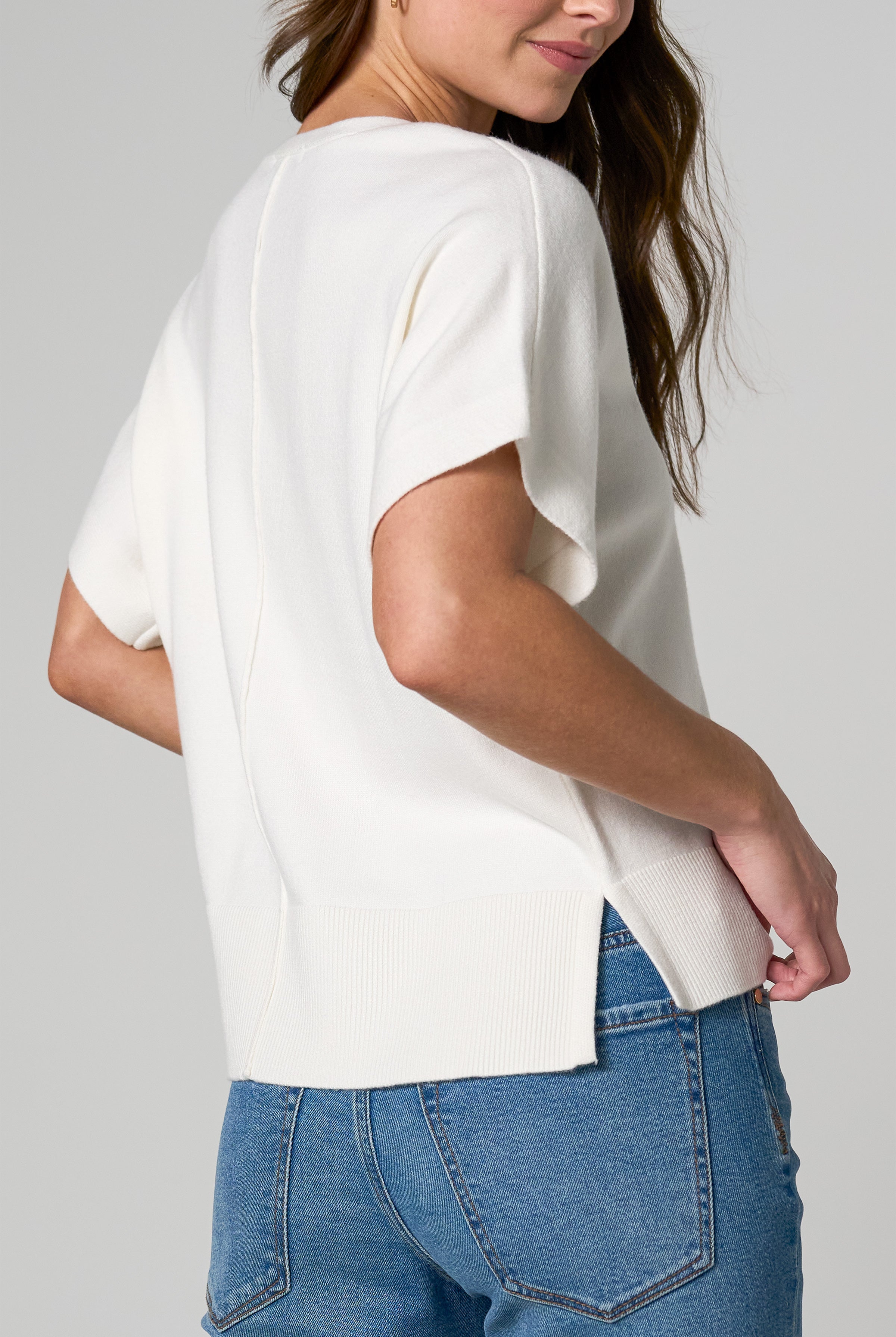 Liverpool Dolman Short Sleeve Sweater with Step Hem