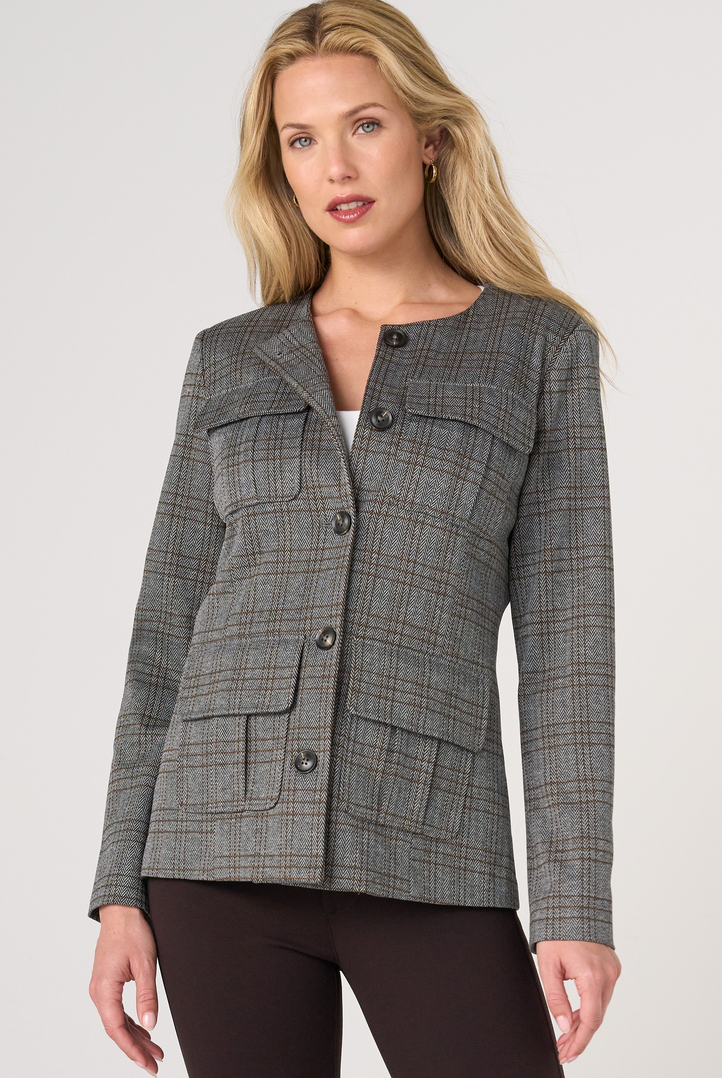 Liverpool Collarless Longline Herringbone Jacket