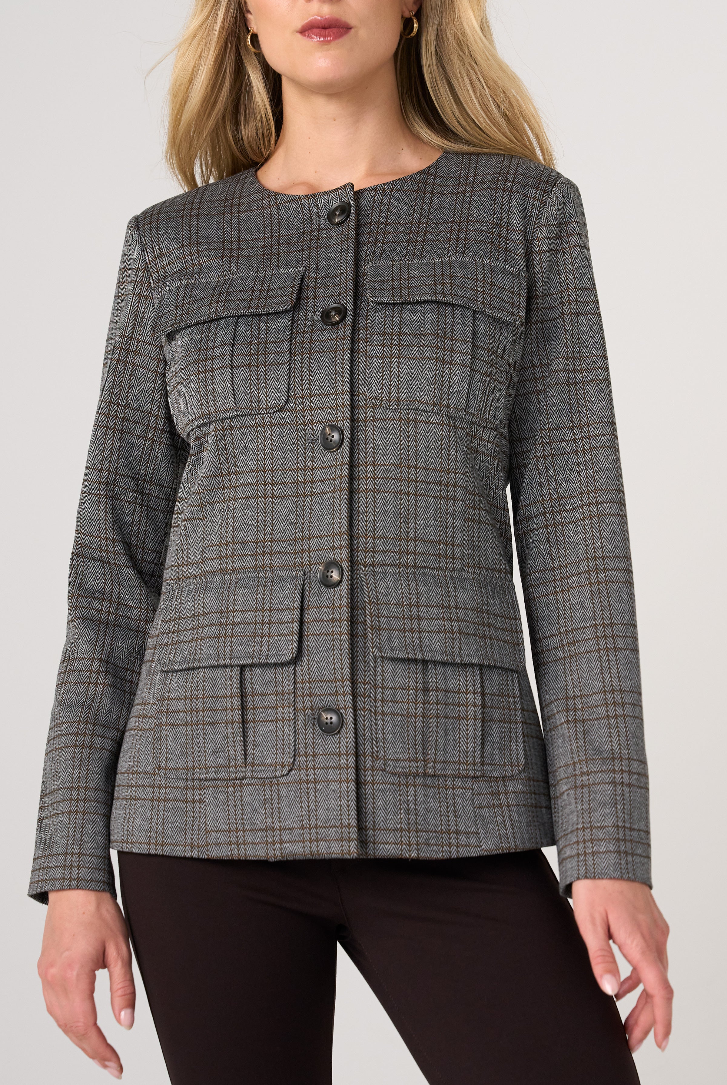 Liverpool Collarless Longline Herringbone Jacket