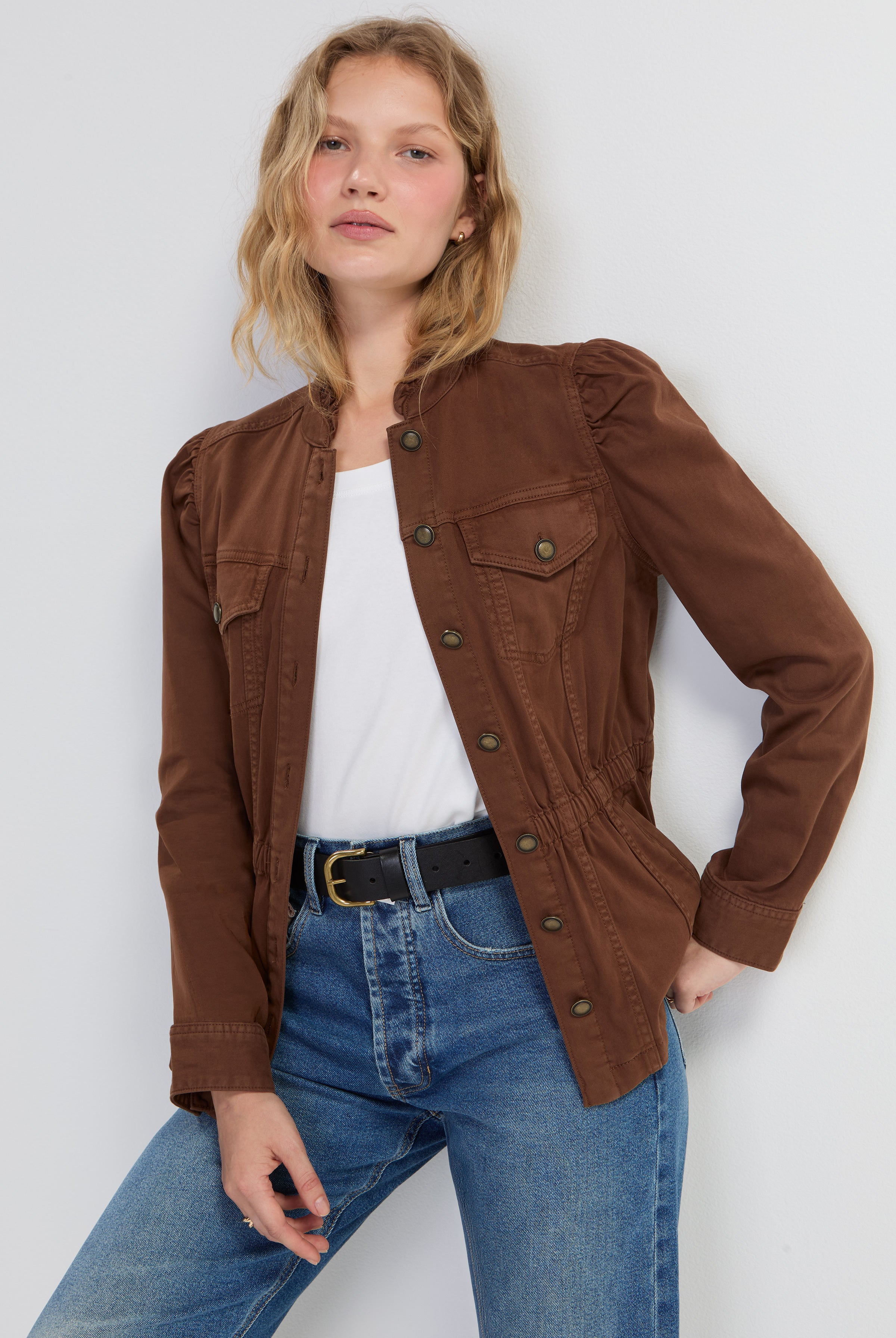 Liverpool Puff Sleeve Trucker Jacket with Ruffle Collar and Elastic Waist Detail