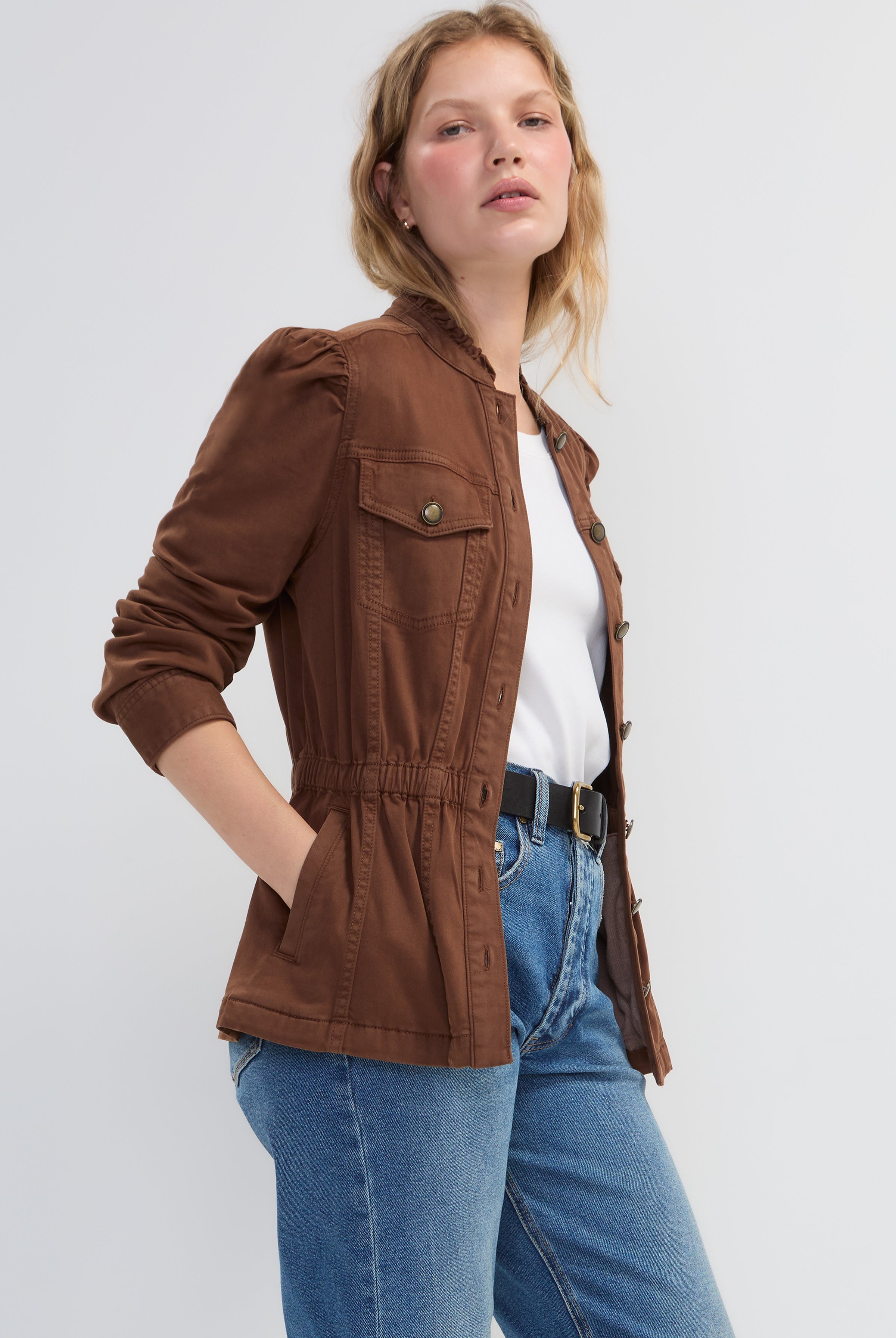 Liverpool Puff Sleeve Trucker Jacket with Ruffle Collar and Elastic Waist Detail