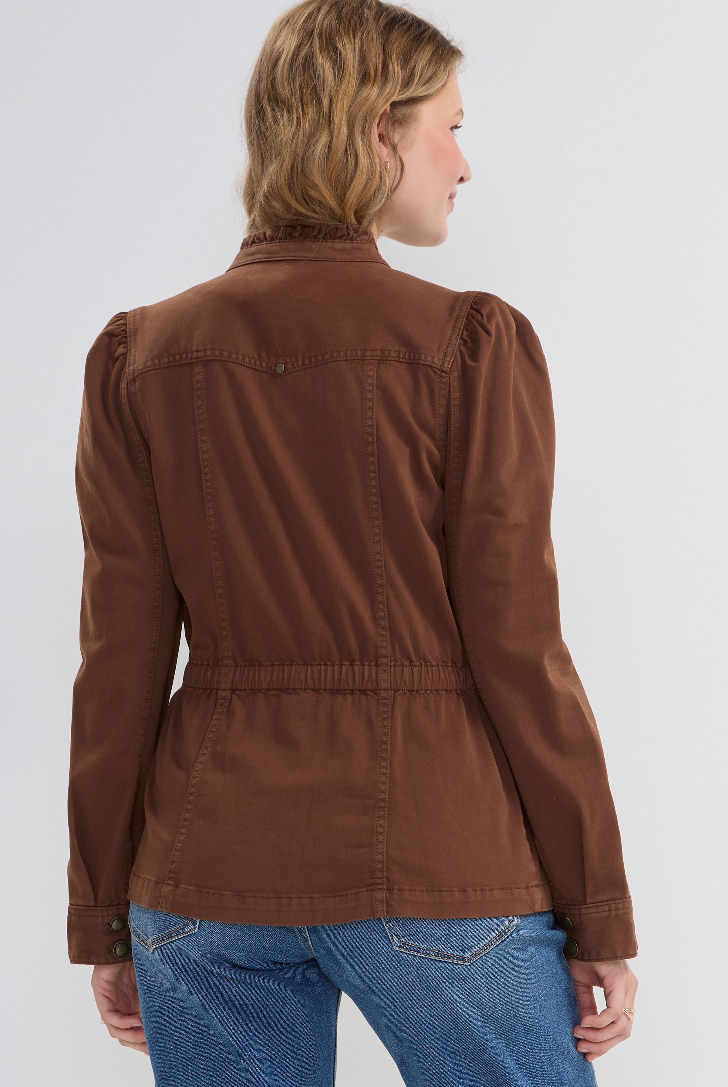 Liverpool Puff Sleeve Trucker Jacket with Ruffle Collar and Elastic Waist Detail