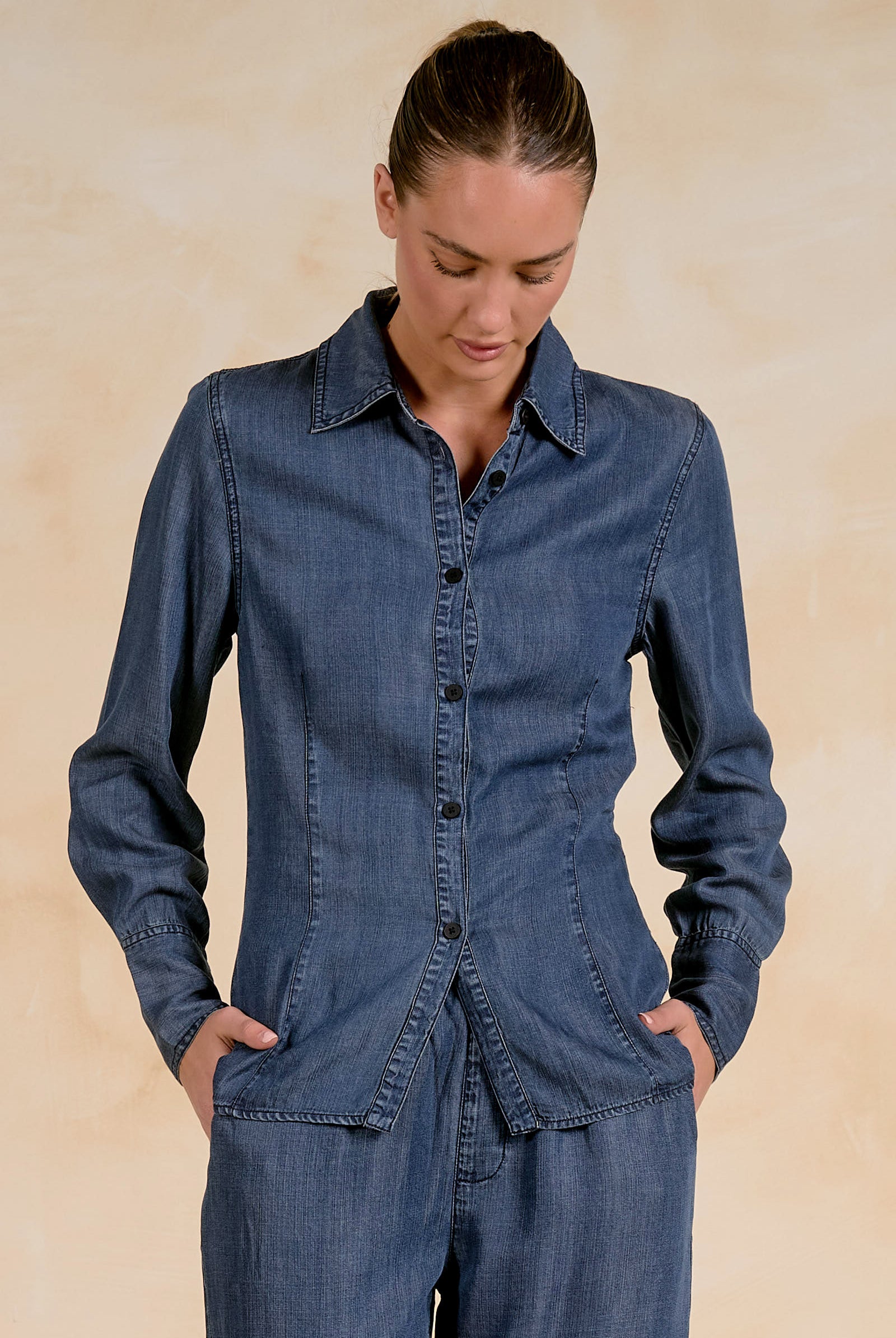 Collared Denim Button Down Top