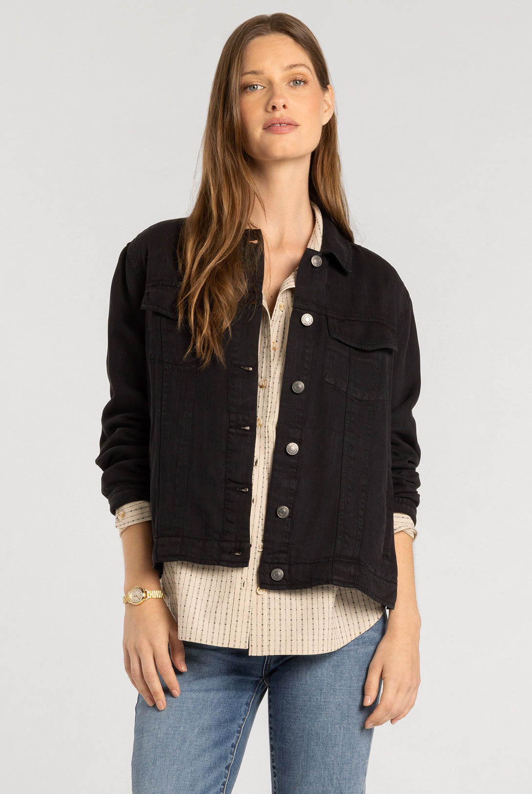 Relaxed Tencel Denim Jacket with Button Front