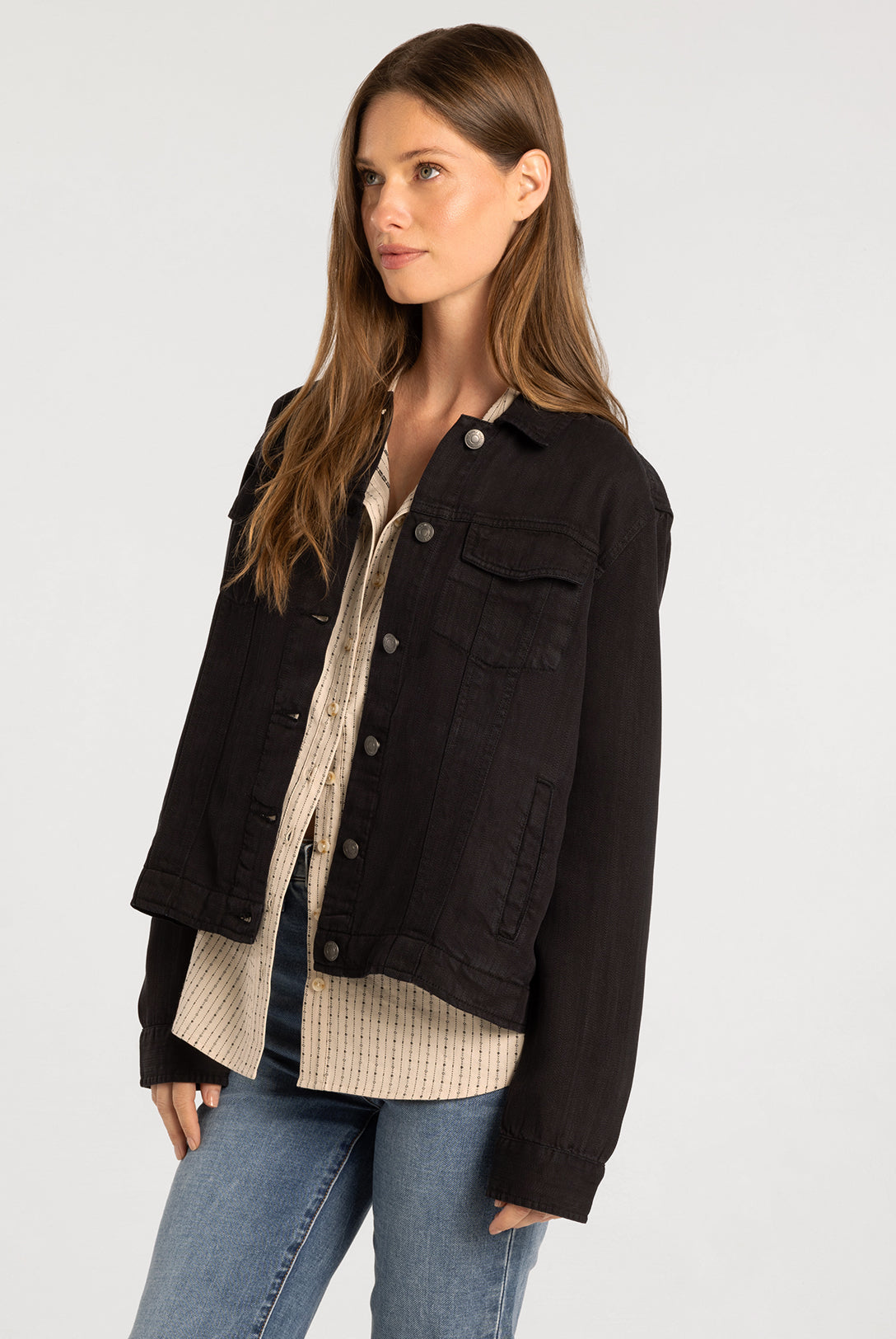 Relaxed Tencel Denim Jacket with Button Front