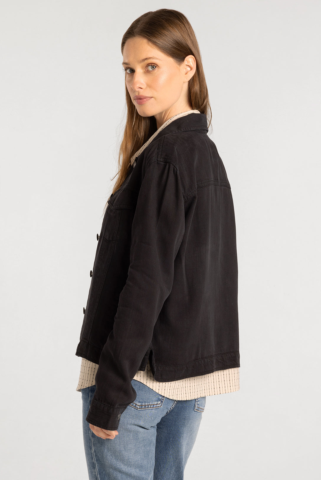 Relaxed Tencel Denim Jacket with Button Front