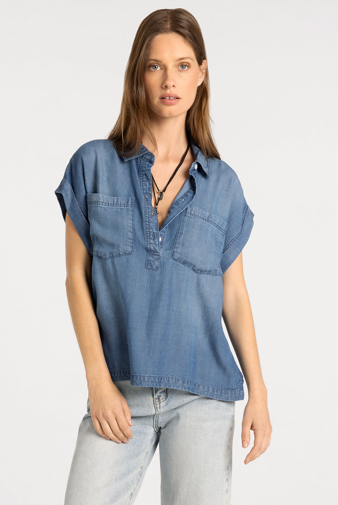 Short Sleeve Tencel Half Button Down Top
