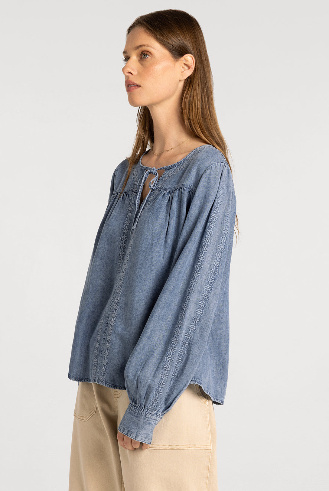 Long Sleeve Tencel Blouse with Embroidery Detail and Tie Front