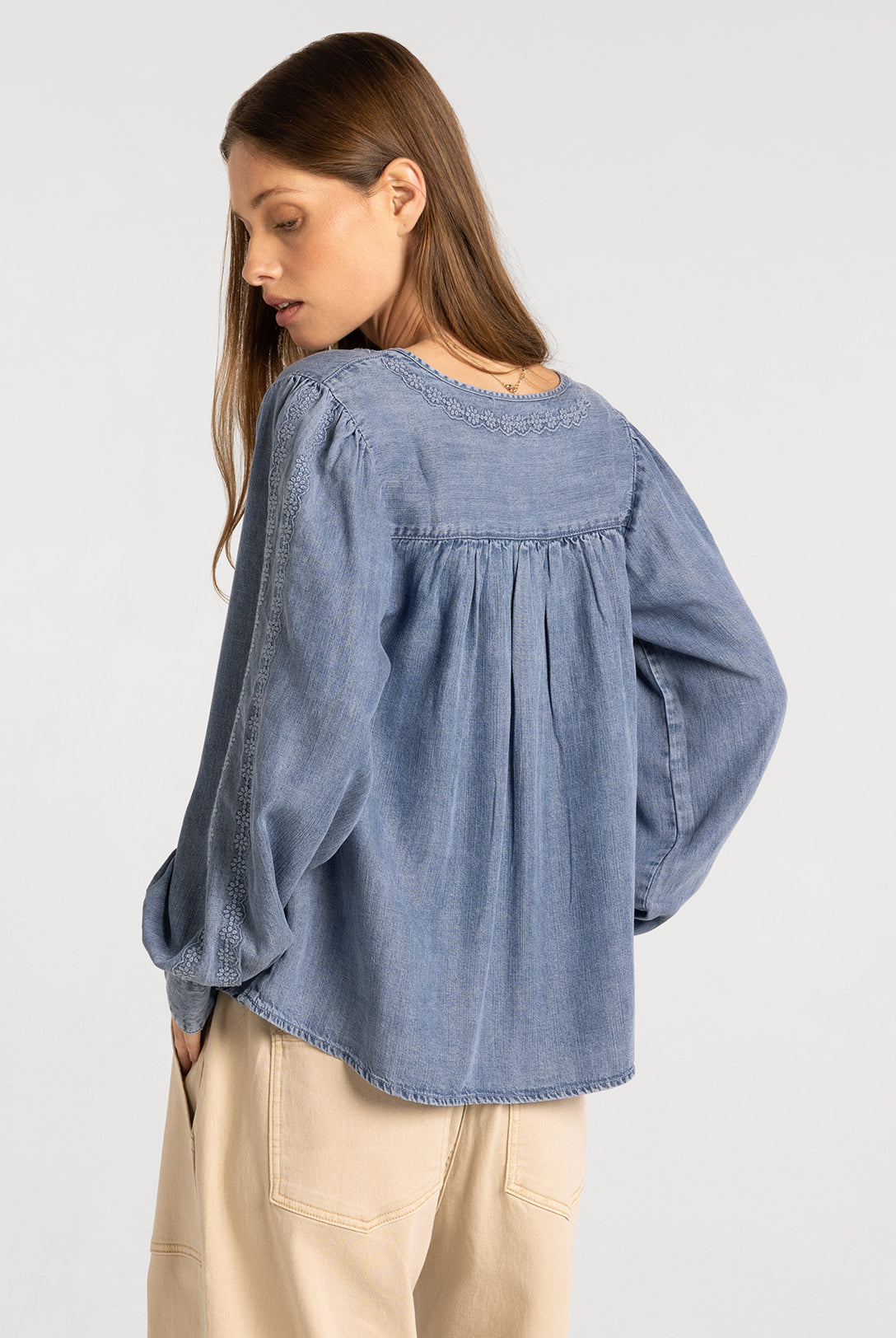 Long Sleeve Tencel Blouse with Embroidery Detail and Tie Front