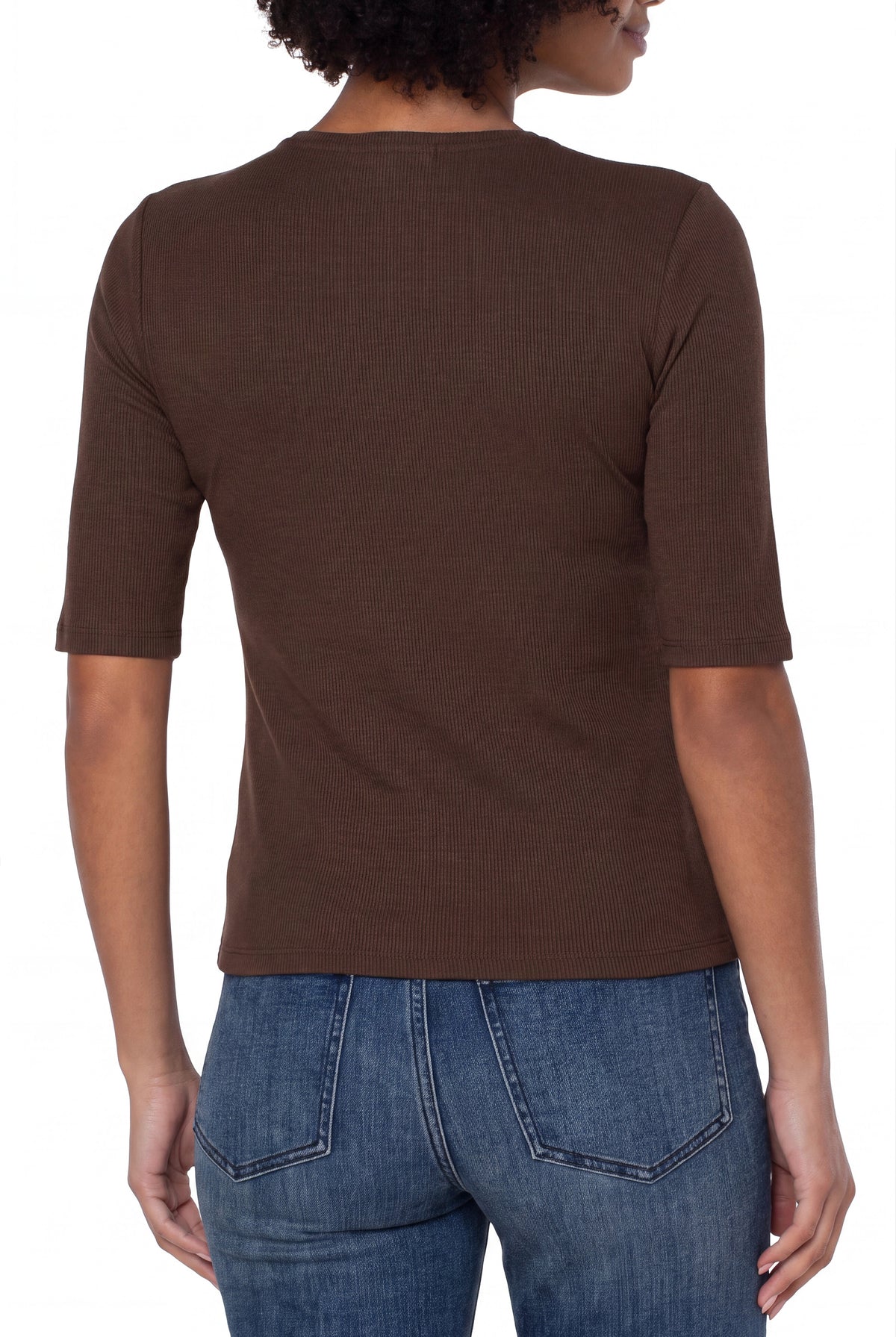 Liverpool Double Layer V-Neck 1/2 Sleeve Rib Knit Top