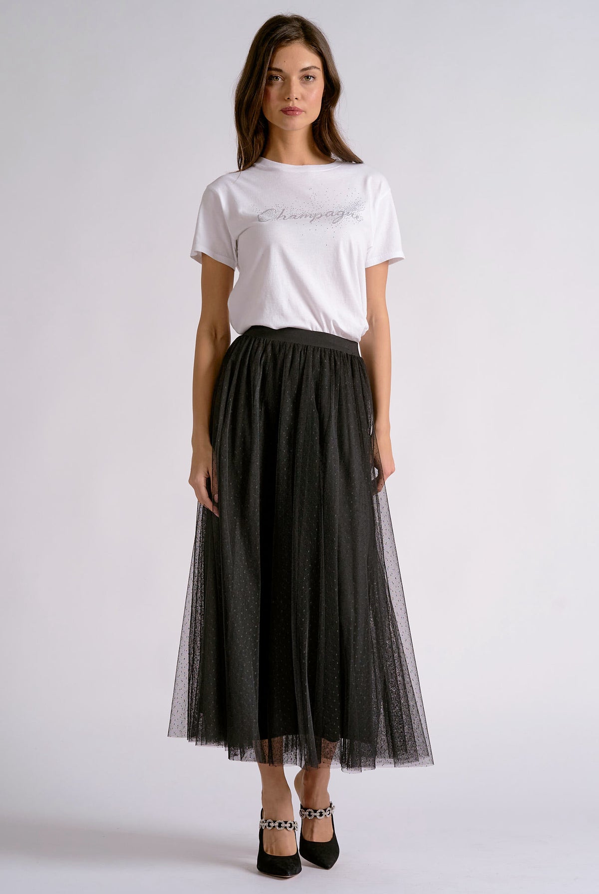Mesh Detail Midi Skirt