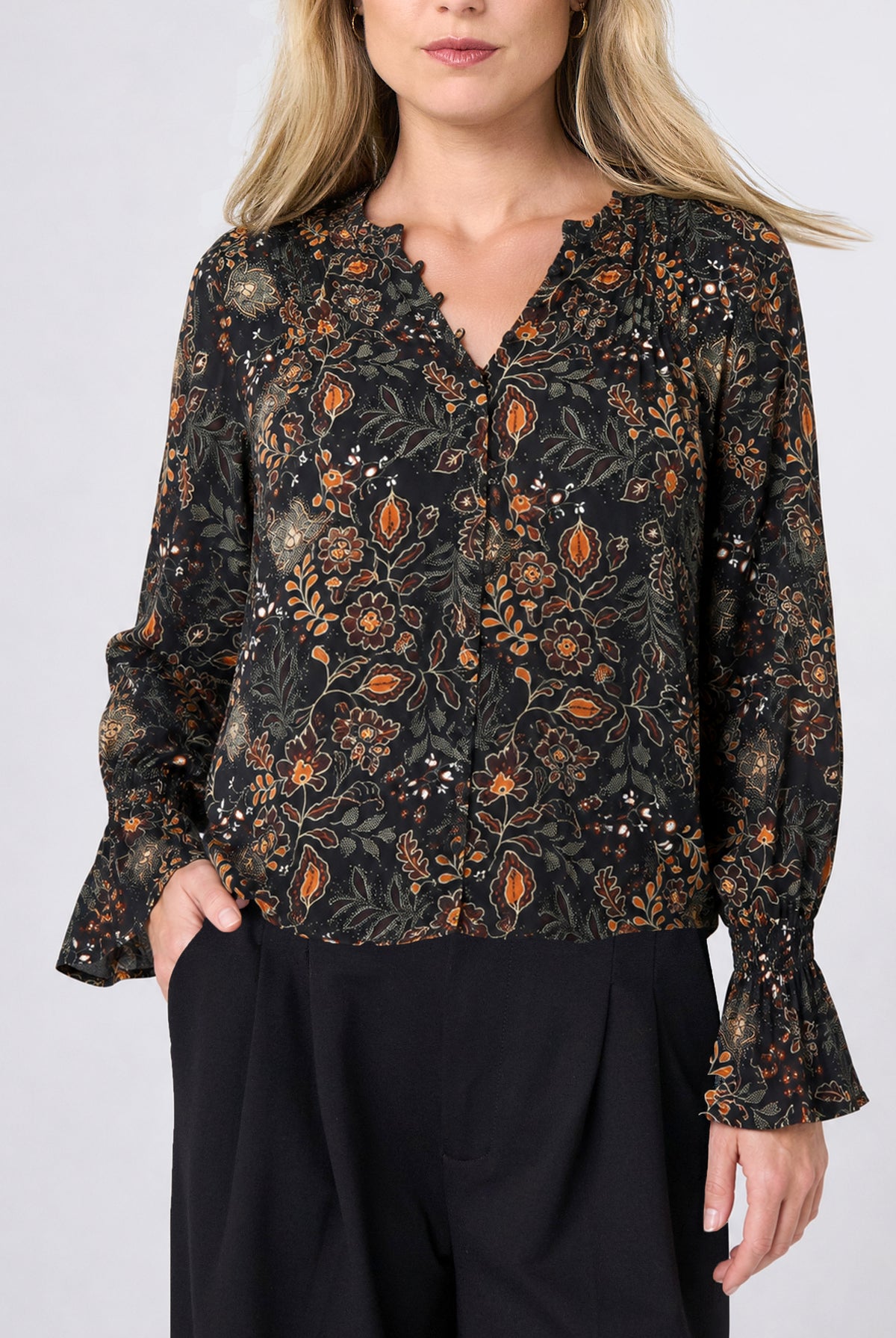 Liverpool Floral Woven Blouse with Pintucks and Bell Sleeve