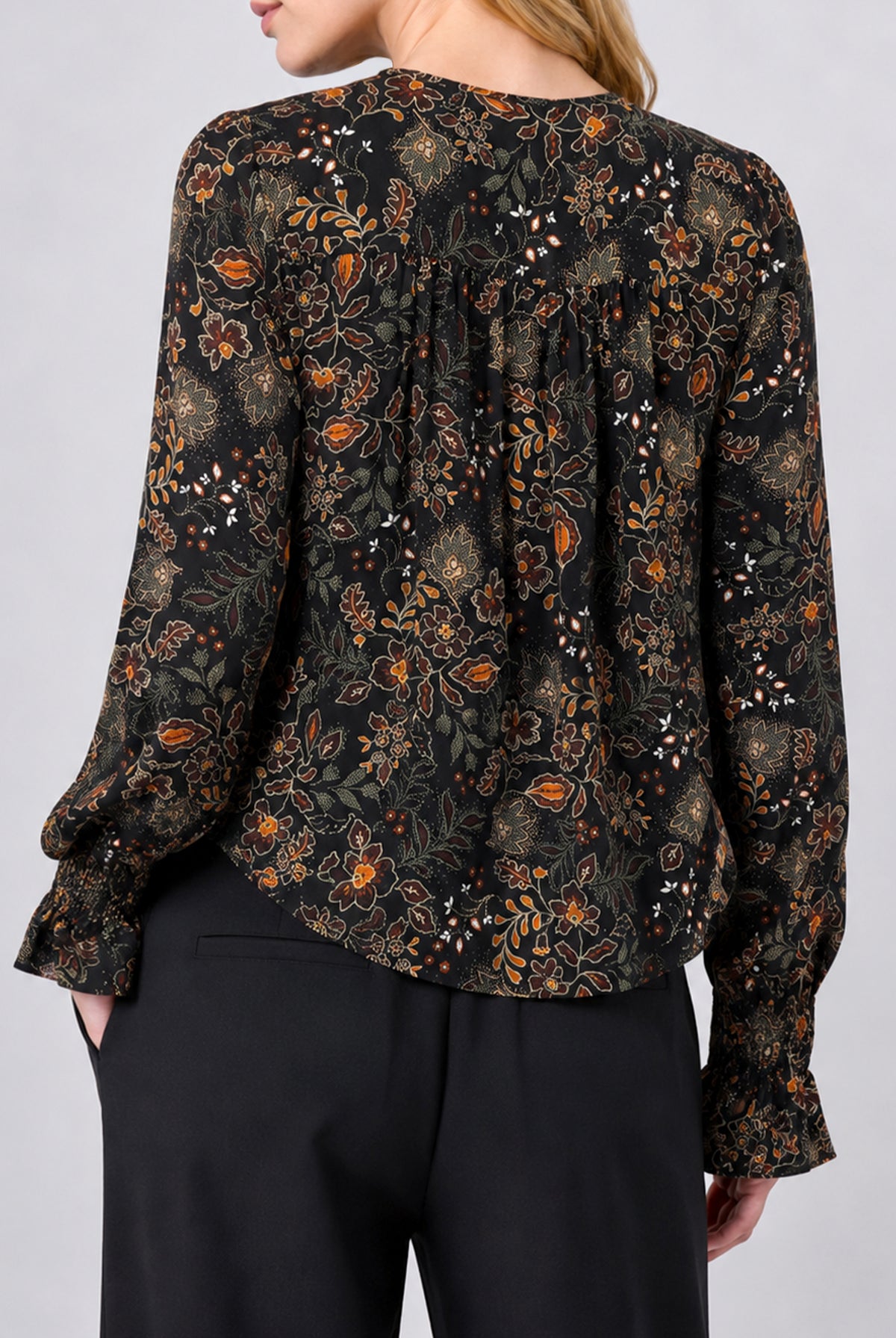 Liverpool Floral Woven Blouse with Pintucks and Bell Sleeve
