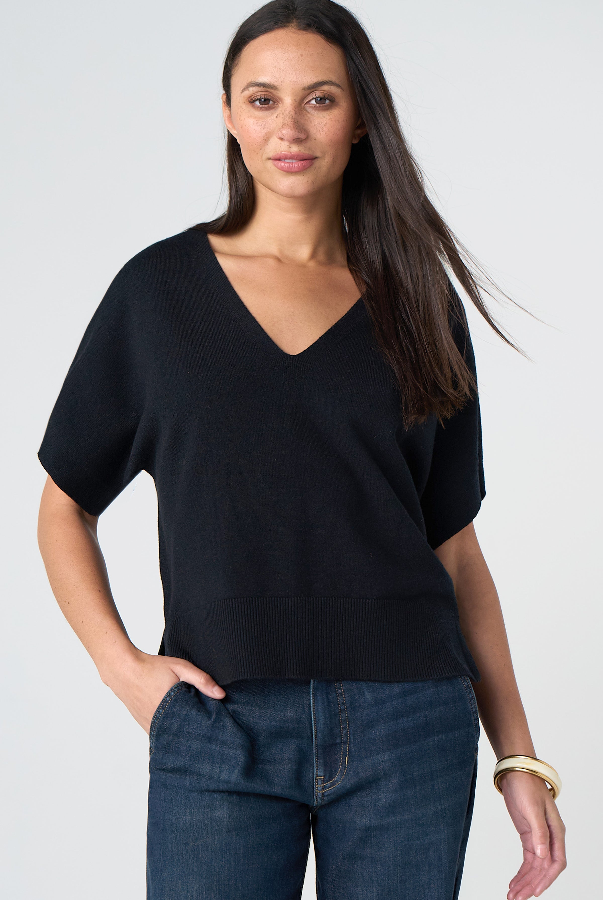 Liverpool Dolman Short Sleeve Sweater with Step Hem