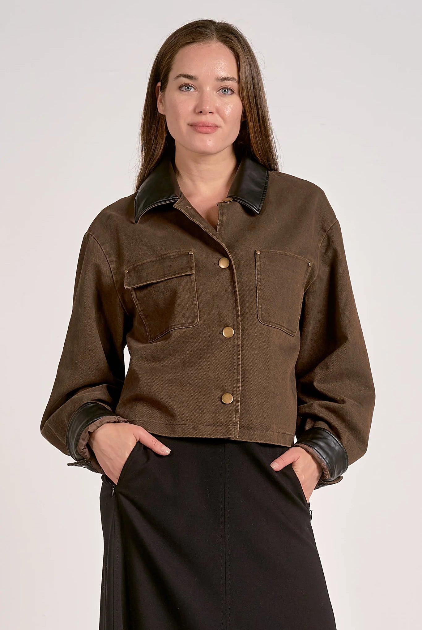 Brown Denim Jacket with Leather Collar and Trim