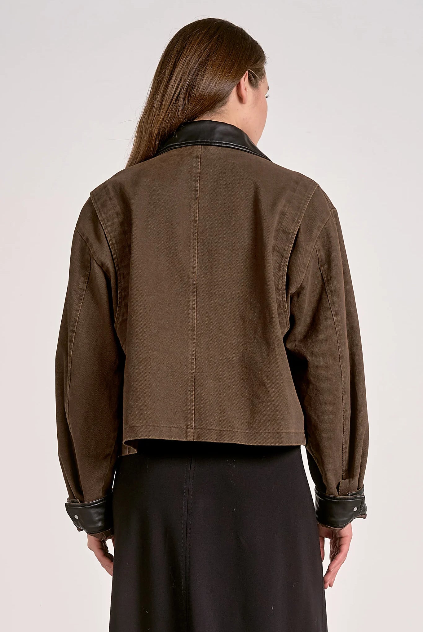 Brown Denim Jacket with Leather Collar and Trim