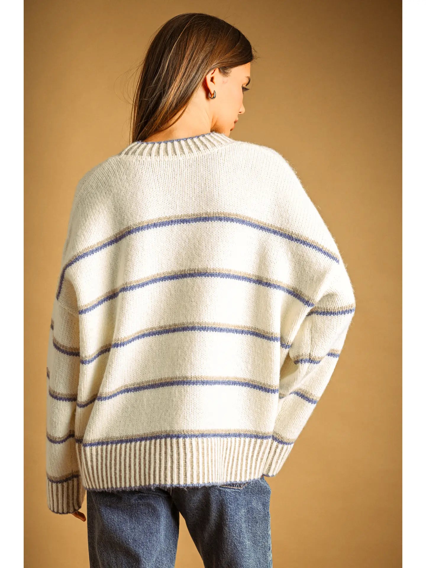 Striped Crew Neck Sweater with Contrast Trim